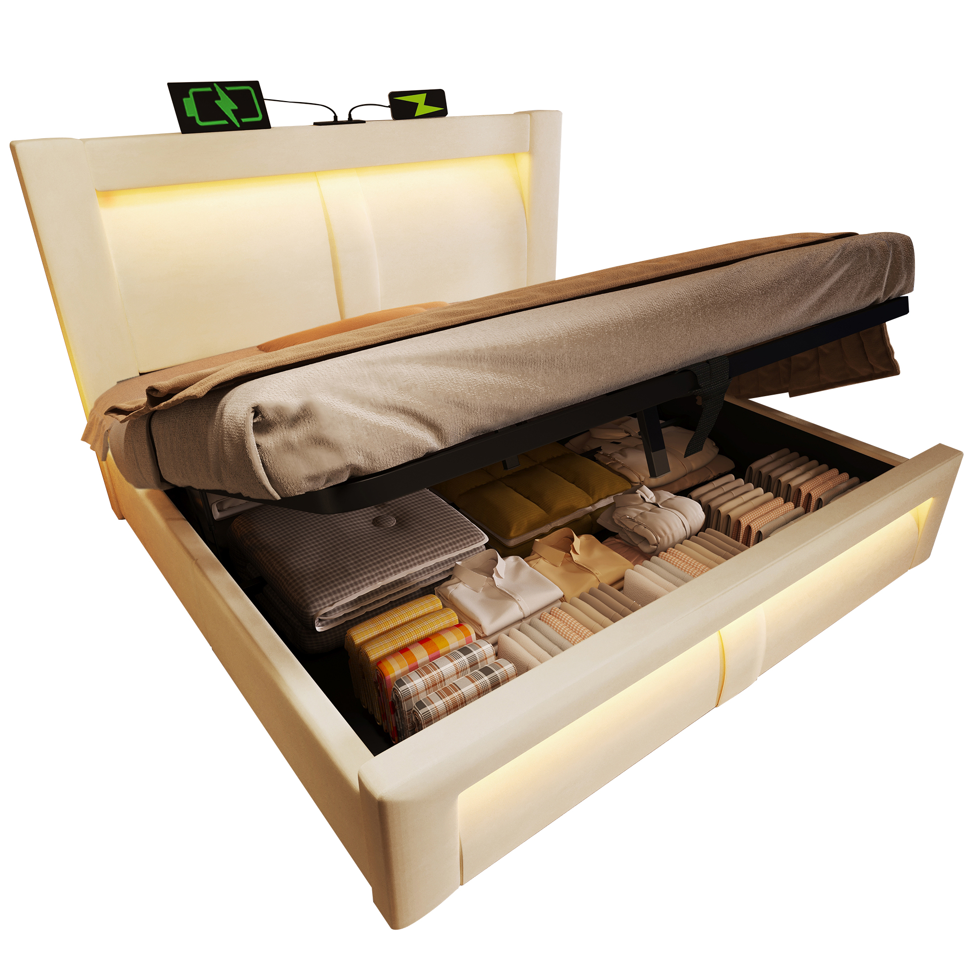 Détails de Lit coffre rembourré en velours 180 x 200 cm avec rangement hydraulique, LED, ports USB-C et sommier à lattes, Beige, sans matelas