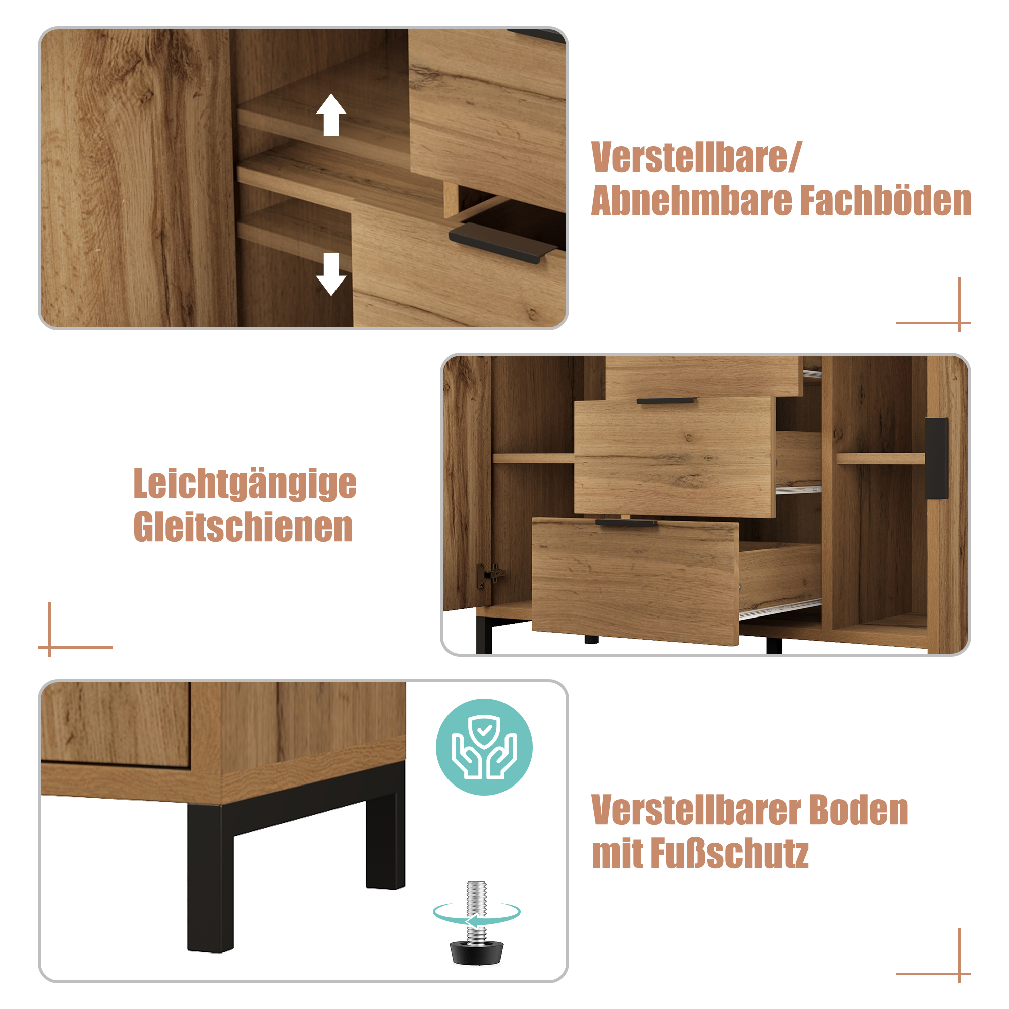 Commode, avec tiroirs, 120 x 40 x 76 cm, panneaux de particules, chêne - vue 3