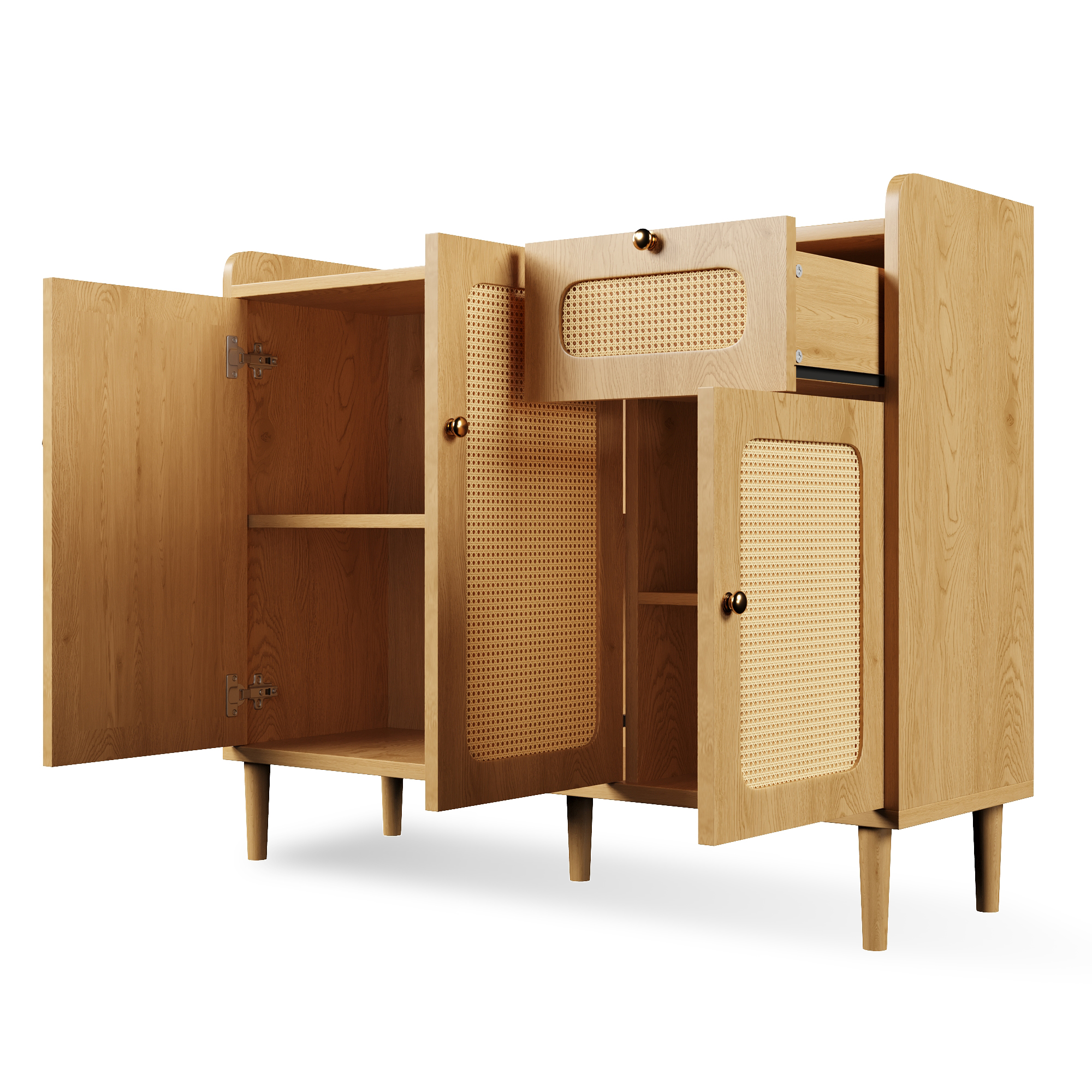 Buffet bas 120 cm, meuble de rangement avec 3 portes, 1 tiroir, étagères réglables, façades en cannage, MDF, Effet chêne