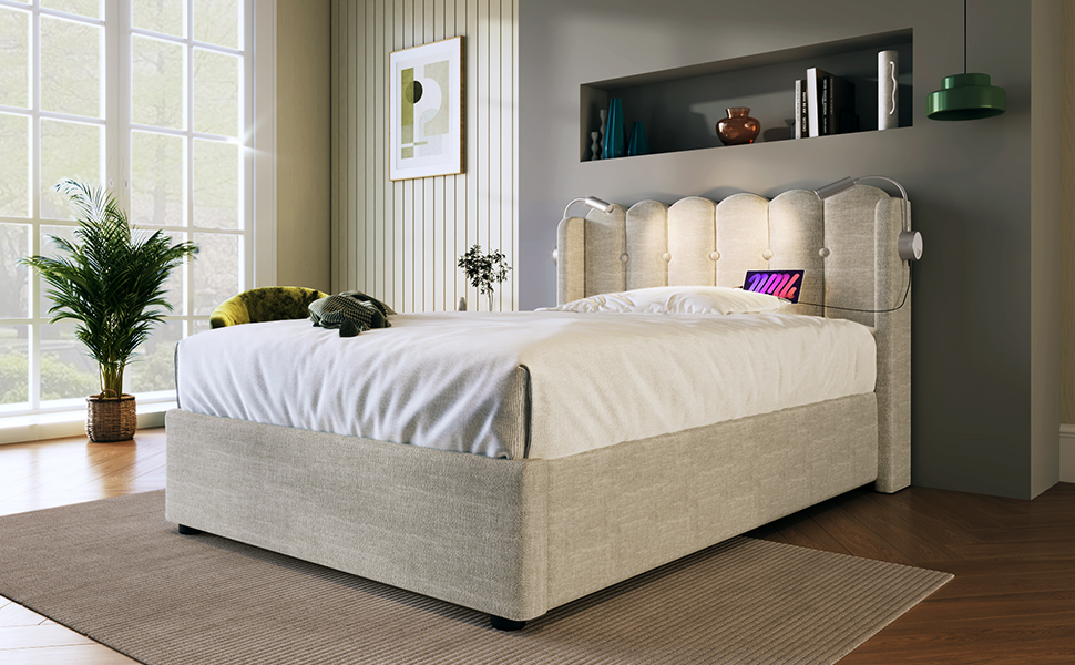 Matelas 406 ressorts + 2 couches mousse, certifiée Oeko-Tex 100, lit avec tête de lit lin gris design panneau, lampe de lecture positionnée, pour chambre, sommeil confortable, style rustique chaleureux - image 17