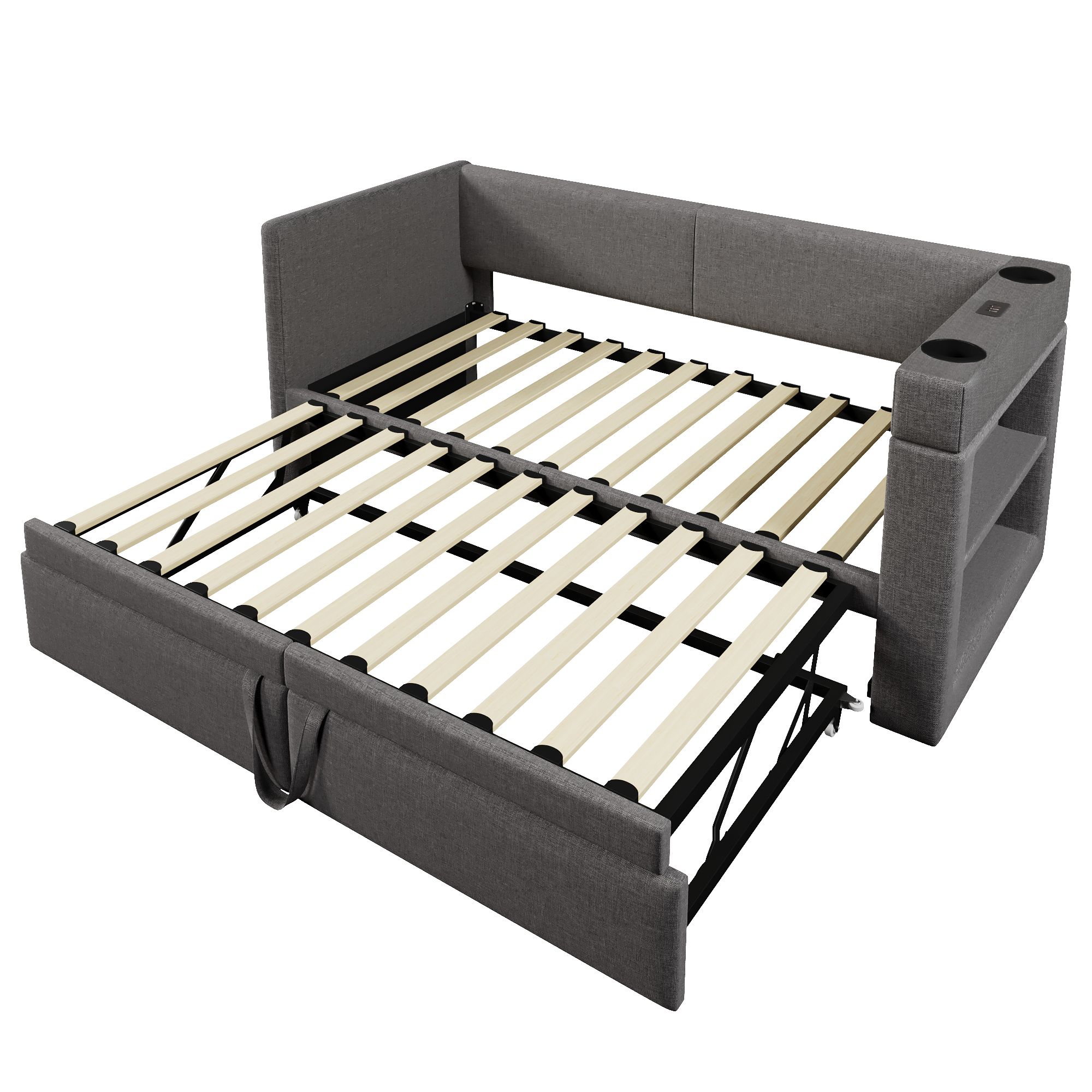 Canapé-lit avec lit escamotable, accoudoirs interchangeables, tissu lin-coton, roulettes et sangles, pour salon et chambre, utilisation flexible, confort toute saison, gain de place, design pratique - image 17