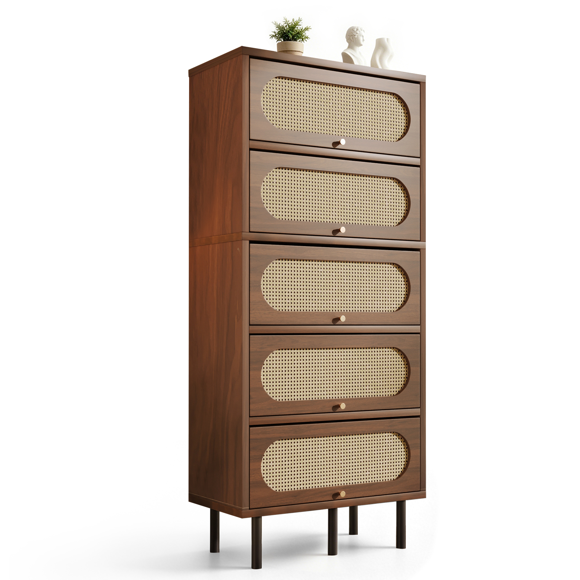 Buffet haut 80 cm, meuble de rangement avec 5 abattants, étagères réglables, panneaux de particules, MDF et métal, Effet noyer