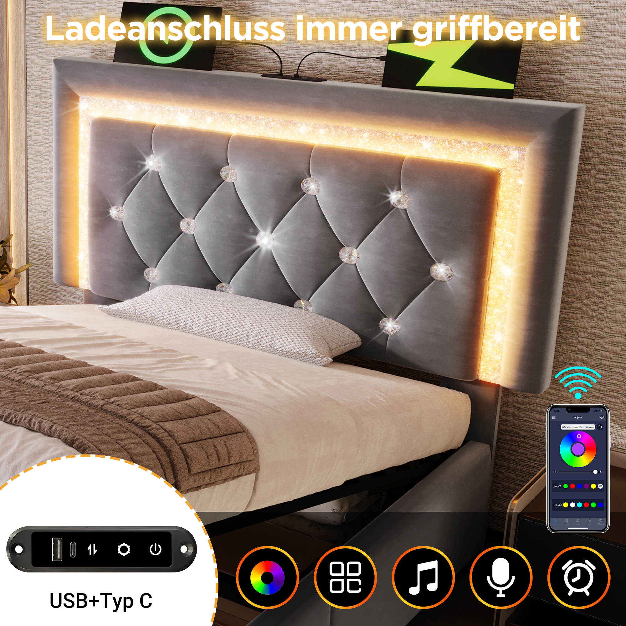 Polsterbett 90x200 cm Samt Einzelbett mit LED-Diam