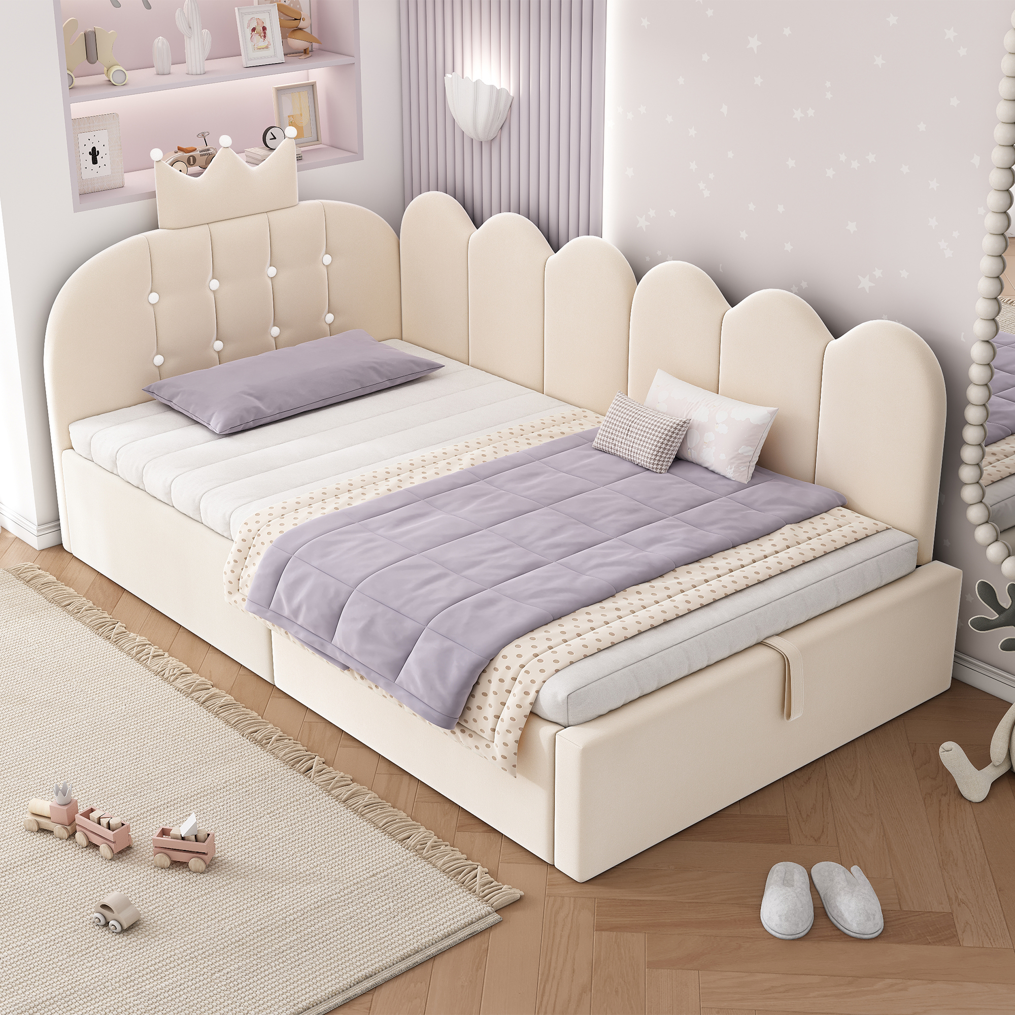 Banquette lit 90x190 beige velours couronne
