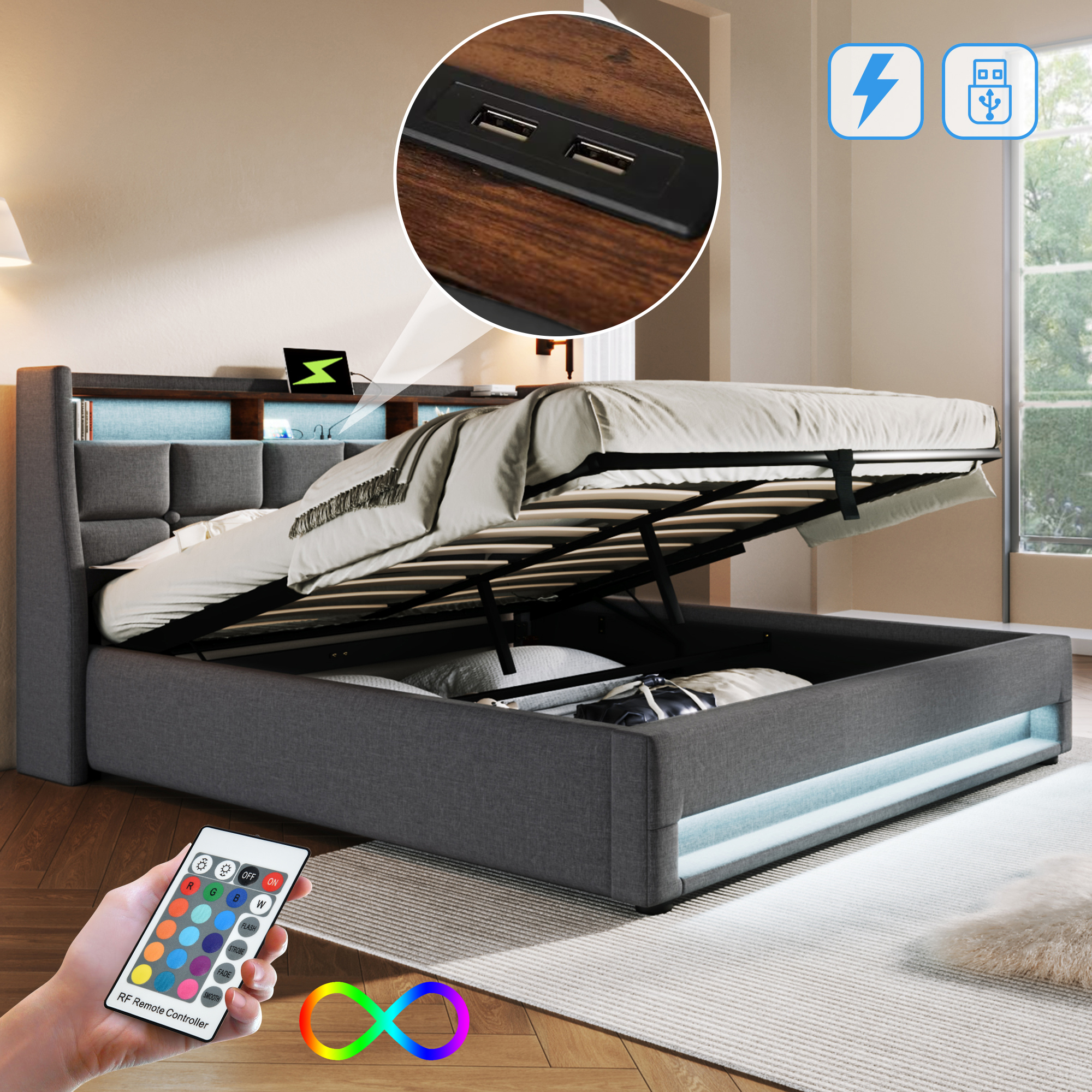 port USB intégré sur la tête‑de‑lit pour recharger téléphone et tablette avant le coucher