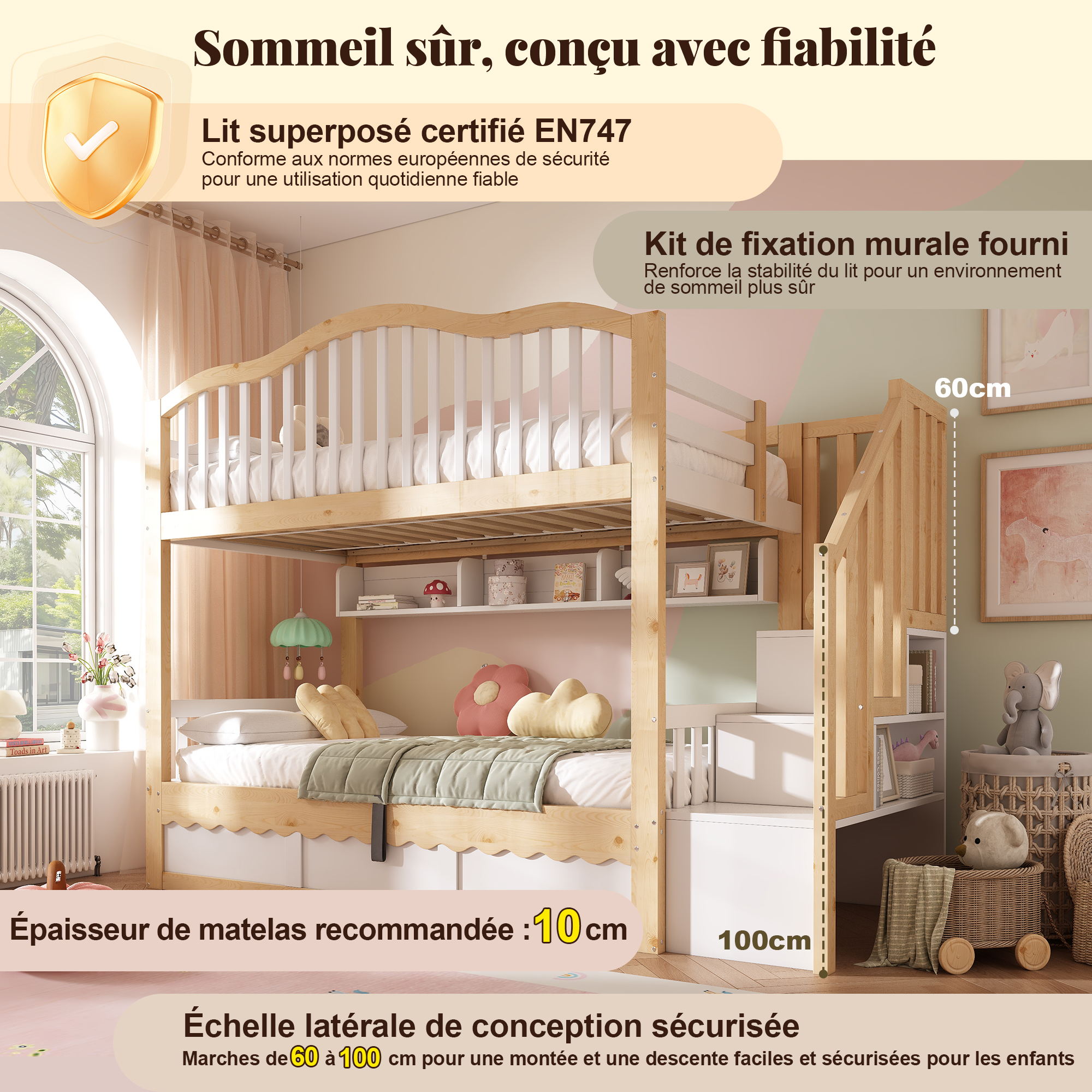 Dimensions et structure du lit superposé enfant 90x200 cm