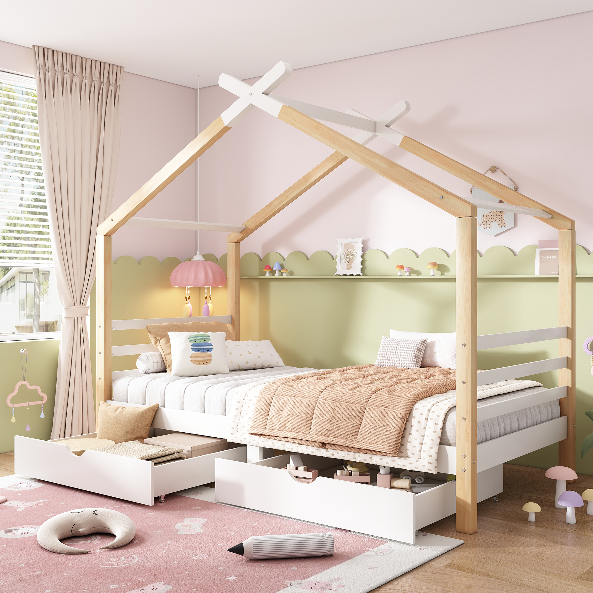Kinderbett Hausbett mit Schubladen, Massivholz mit