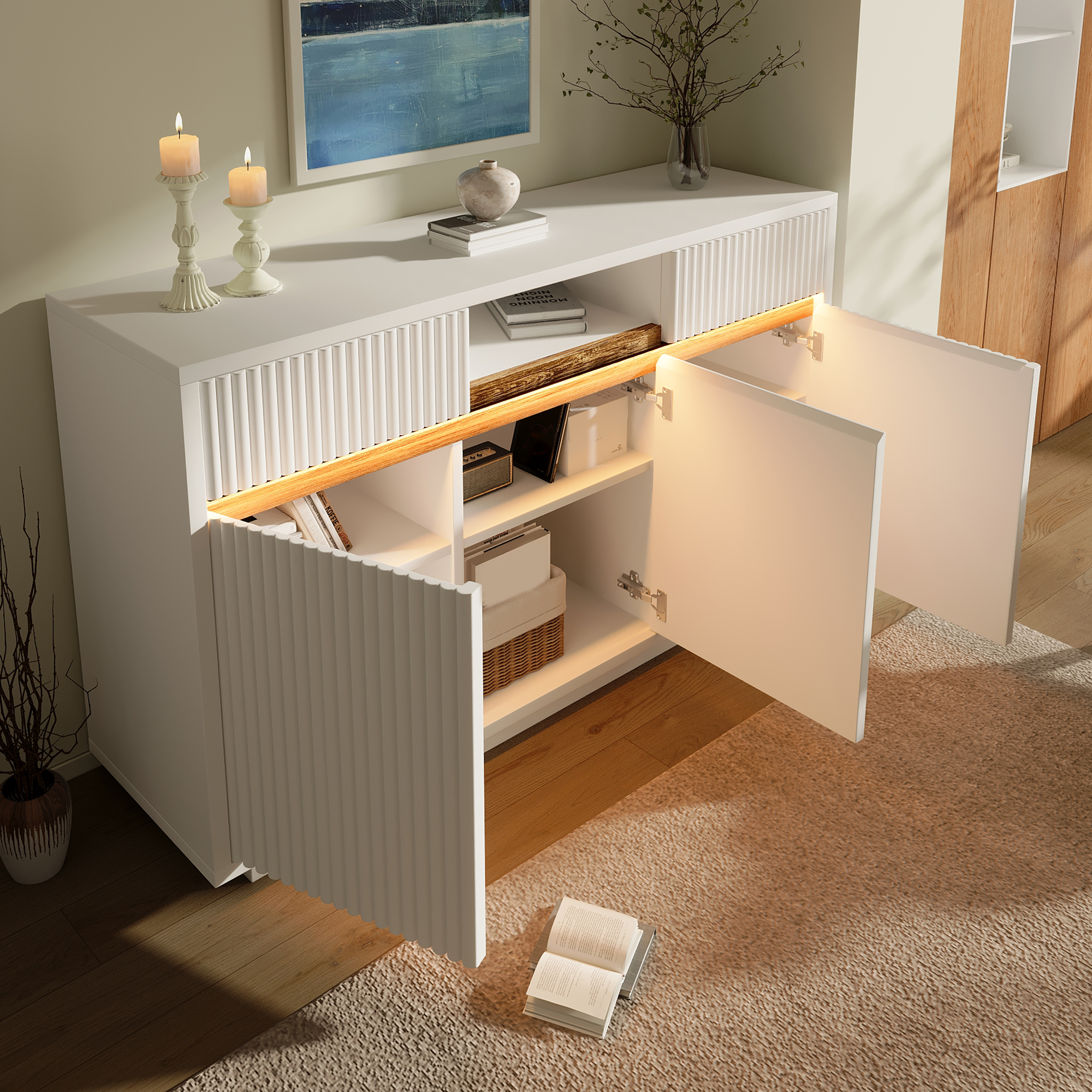 Commode, éclairage LED, avec tiroirs, 140 x 40 x 85 cm, bois, blanc - vue 1