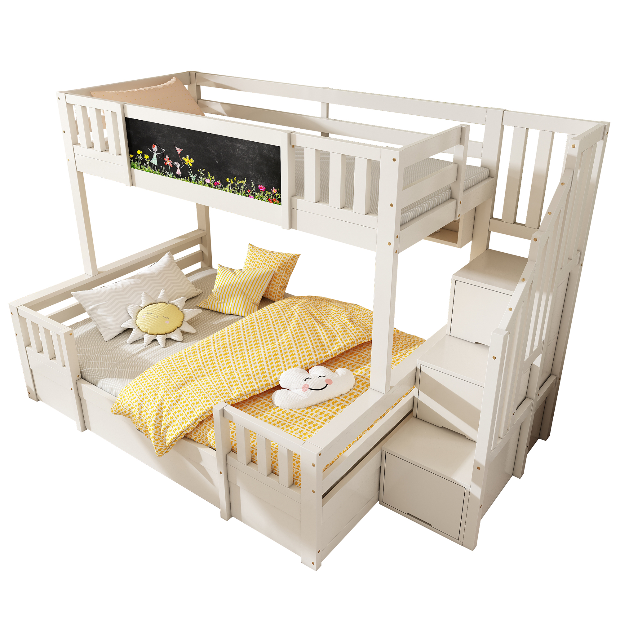Lit mezzanine avec éclairage LED, rangements intégrés, roulettes, blanc - points forts 1