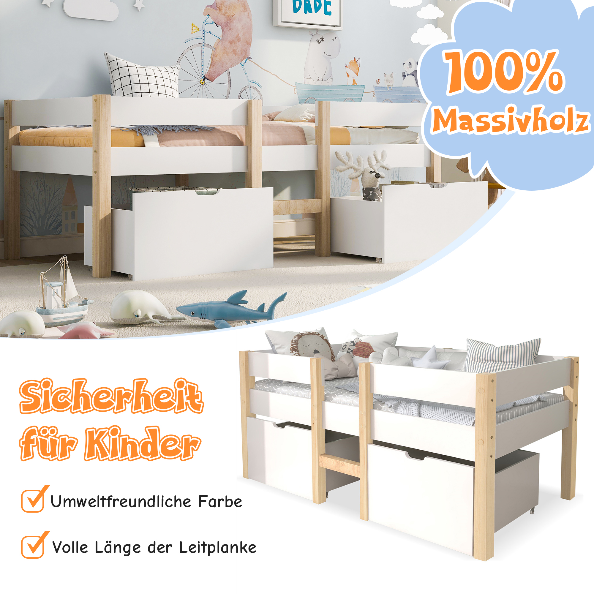 Bett Kinderbett mit Schublade und Rausfallschutz, 