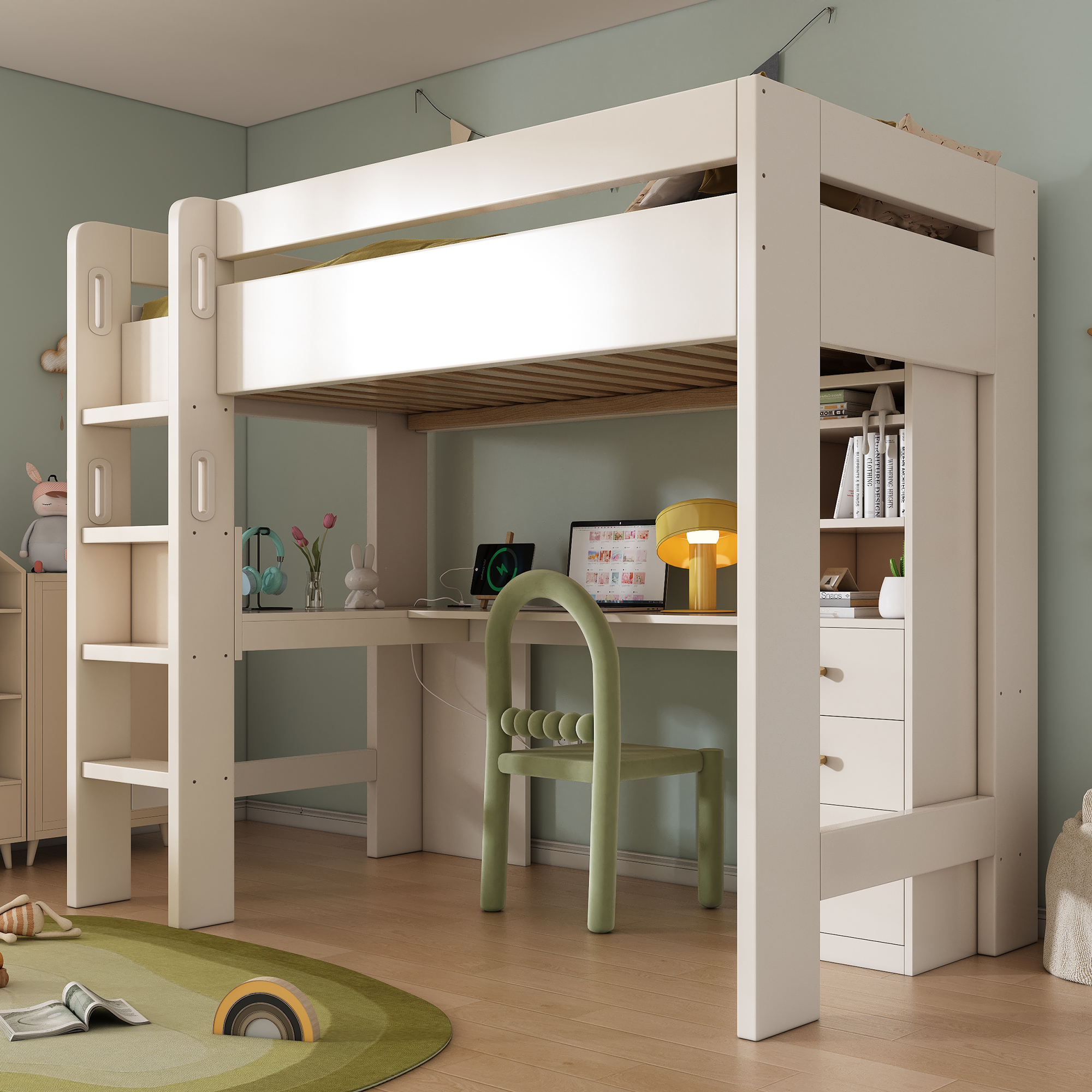 Kinderbett Hochbett mit L-förmigem Schreibtisch, R