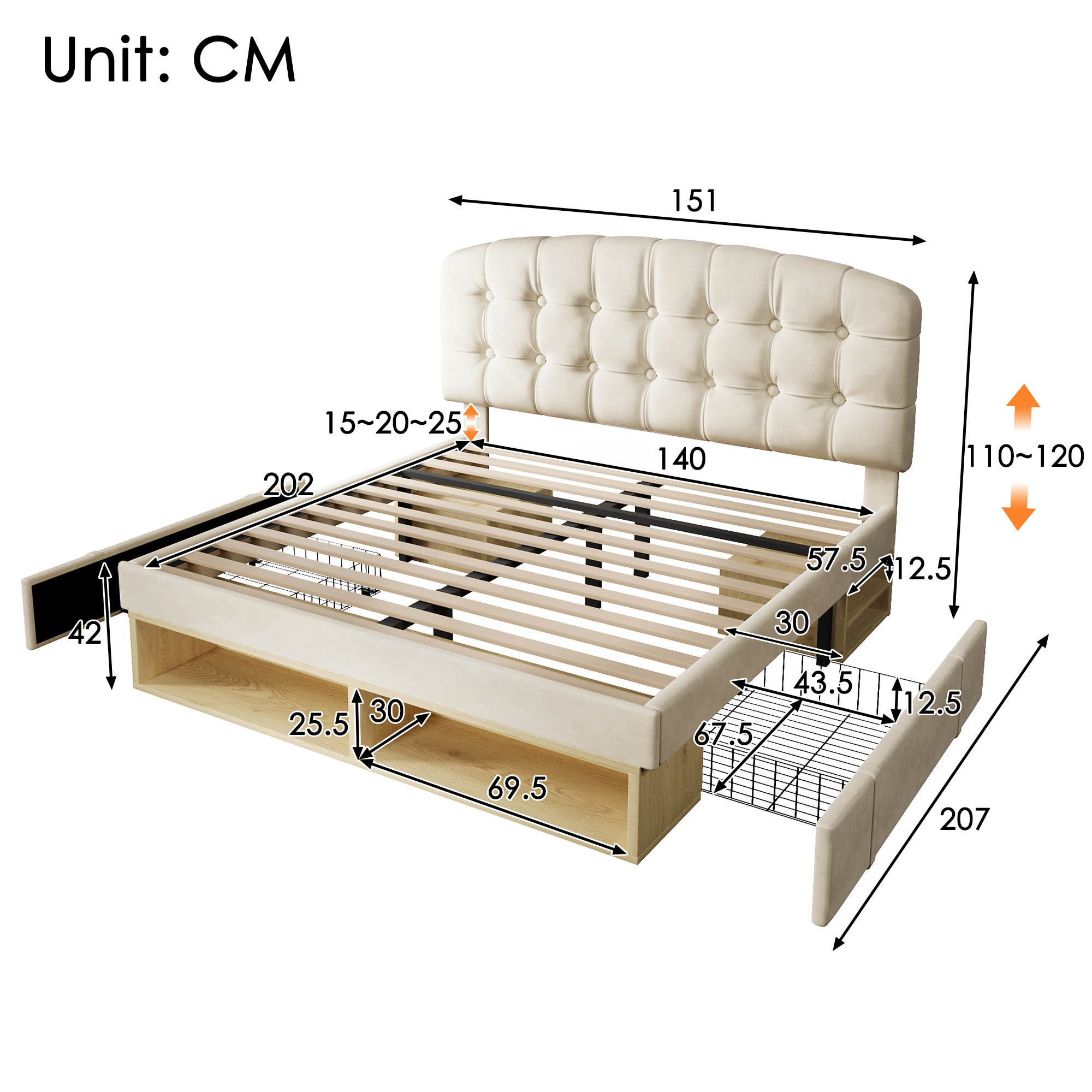 Doppelbett 140x200 Polsterbett Samt Beige mit Latt