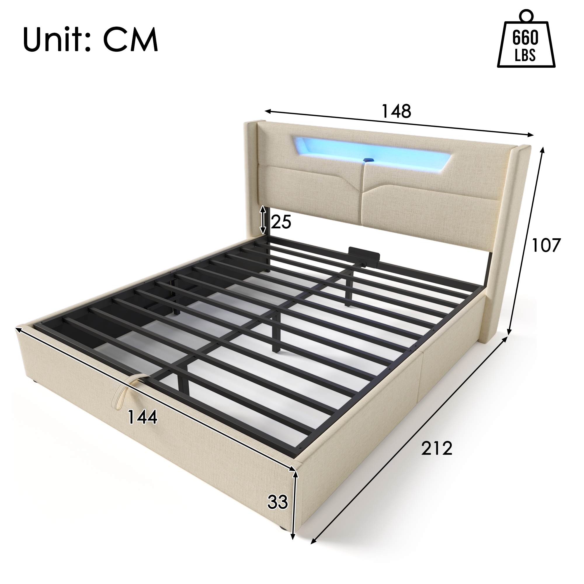 Polsterbett LED Doppelbett mit USB Typ C Ladefunkt