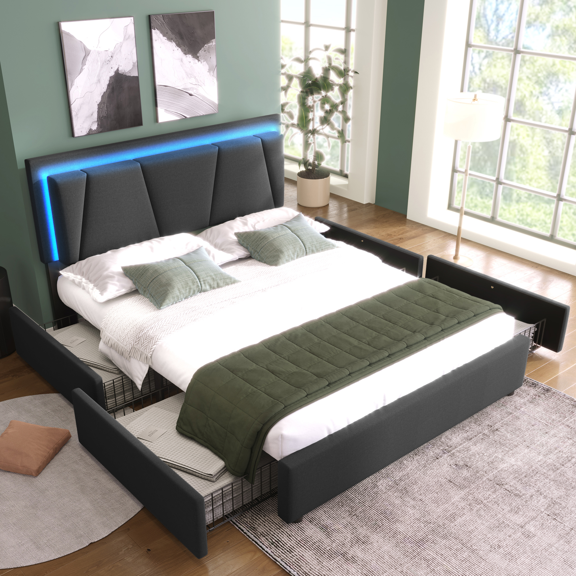 Polsterbett mit LED-Beleuchtung und 4 Schubladen,H