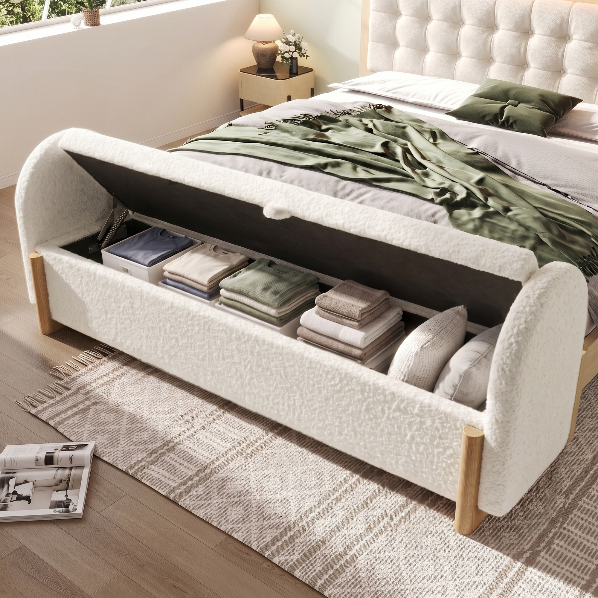 banc de lit tissu bouclé blanc aspect laine douce