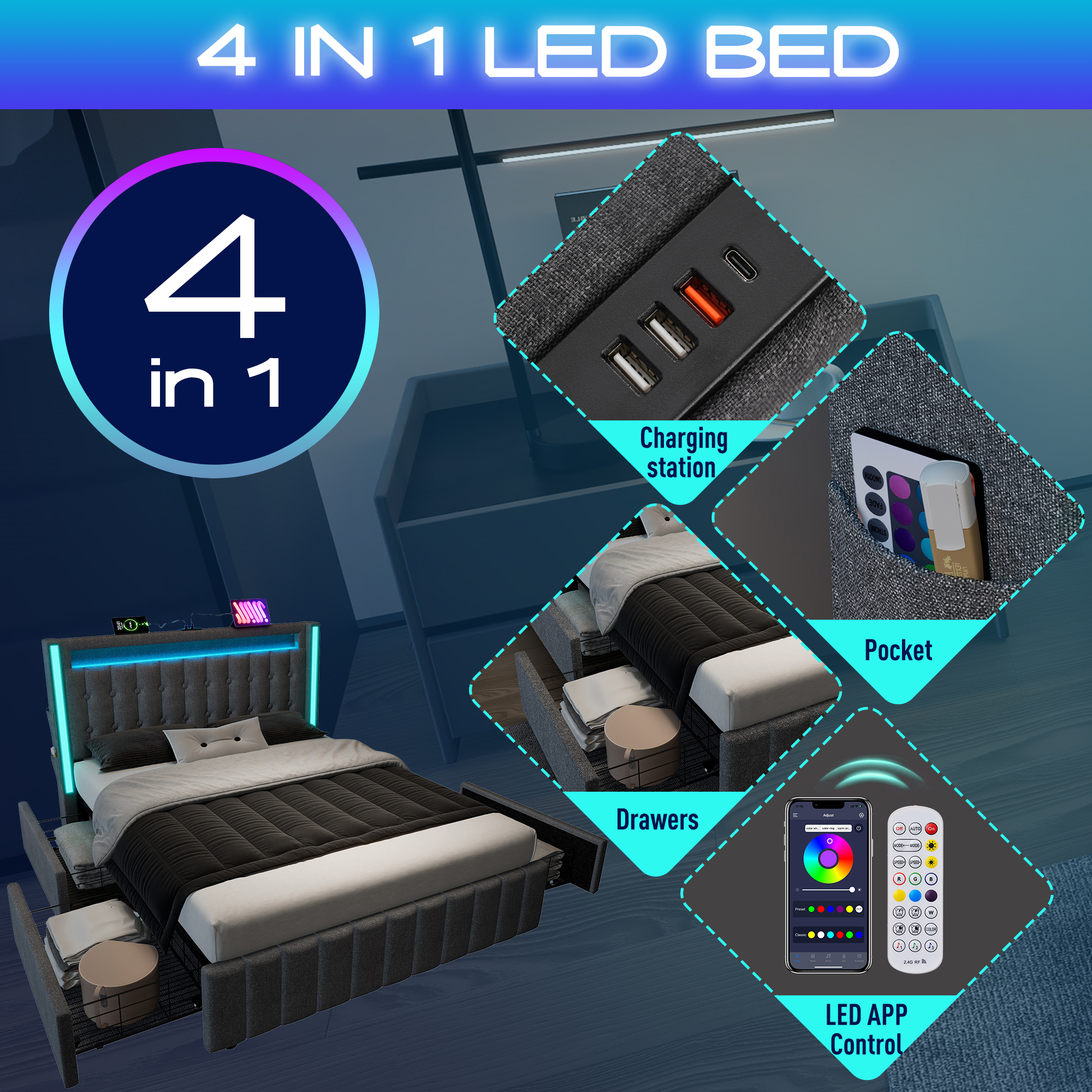 Polsterbett USB Typ C Ladefunktion LED-Beleuchtung