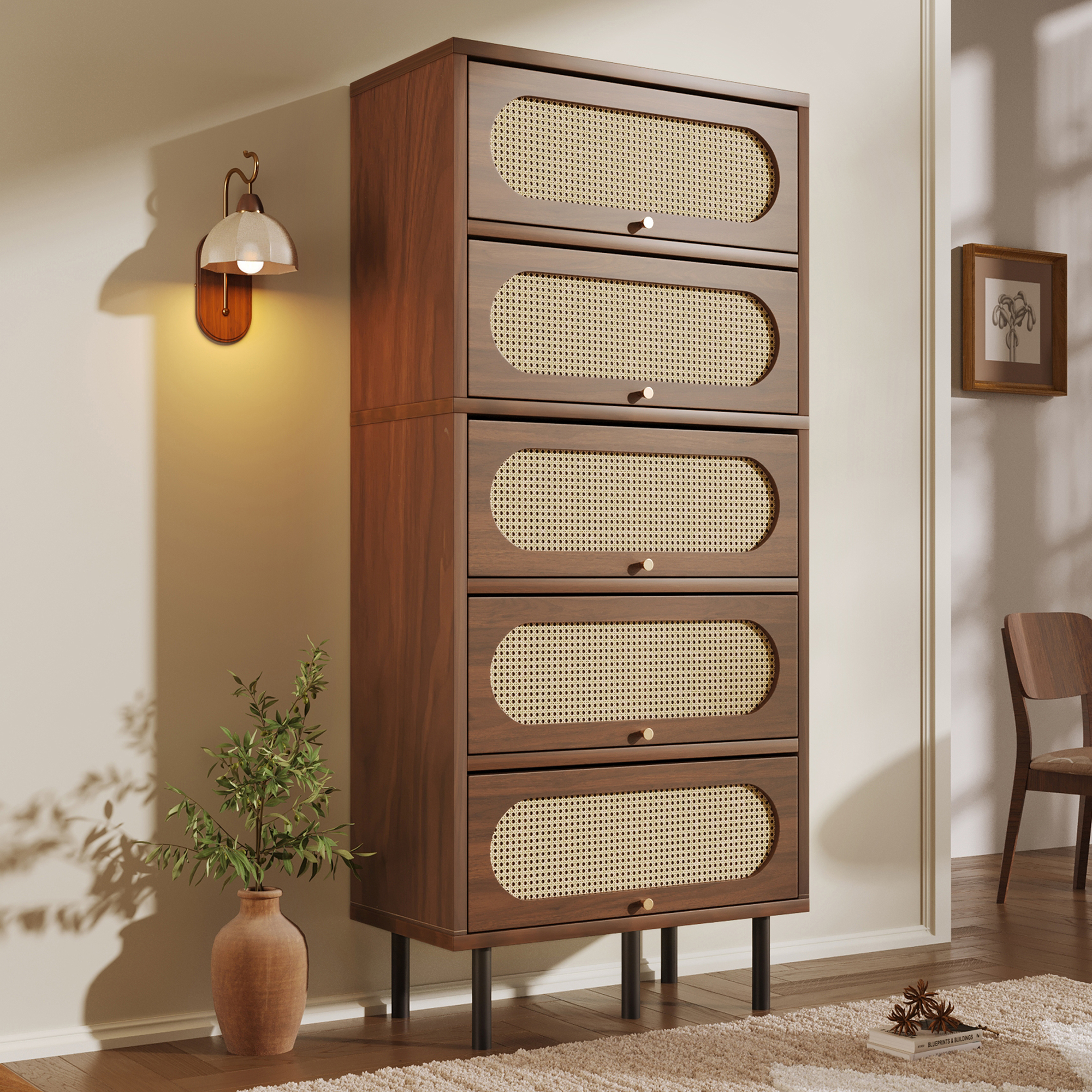 Buffet haut 80 cm, meuble de rangement avec 5 abattants, étagères réglables, panneaux de particules, MDF et métal, Effet noyer