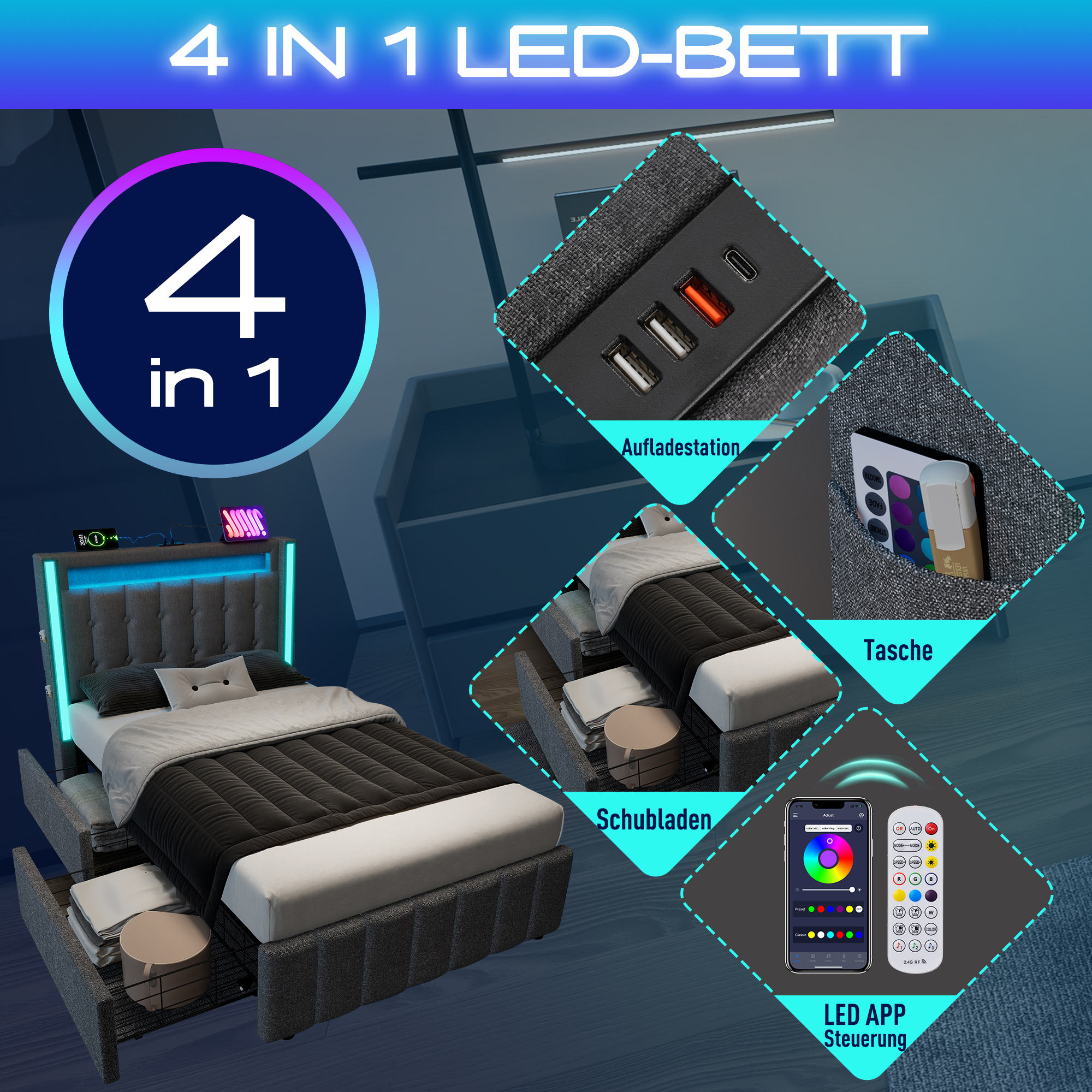 Polsterbett USB Typ C Ladefunktion LED-Beleuchtung