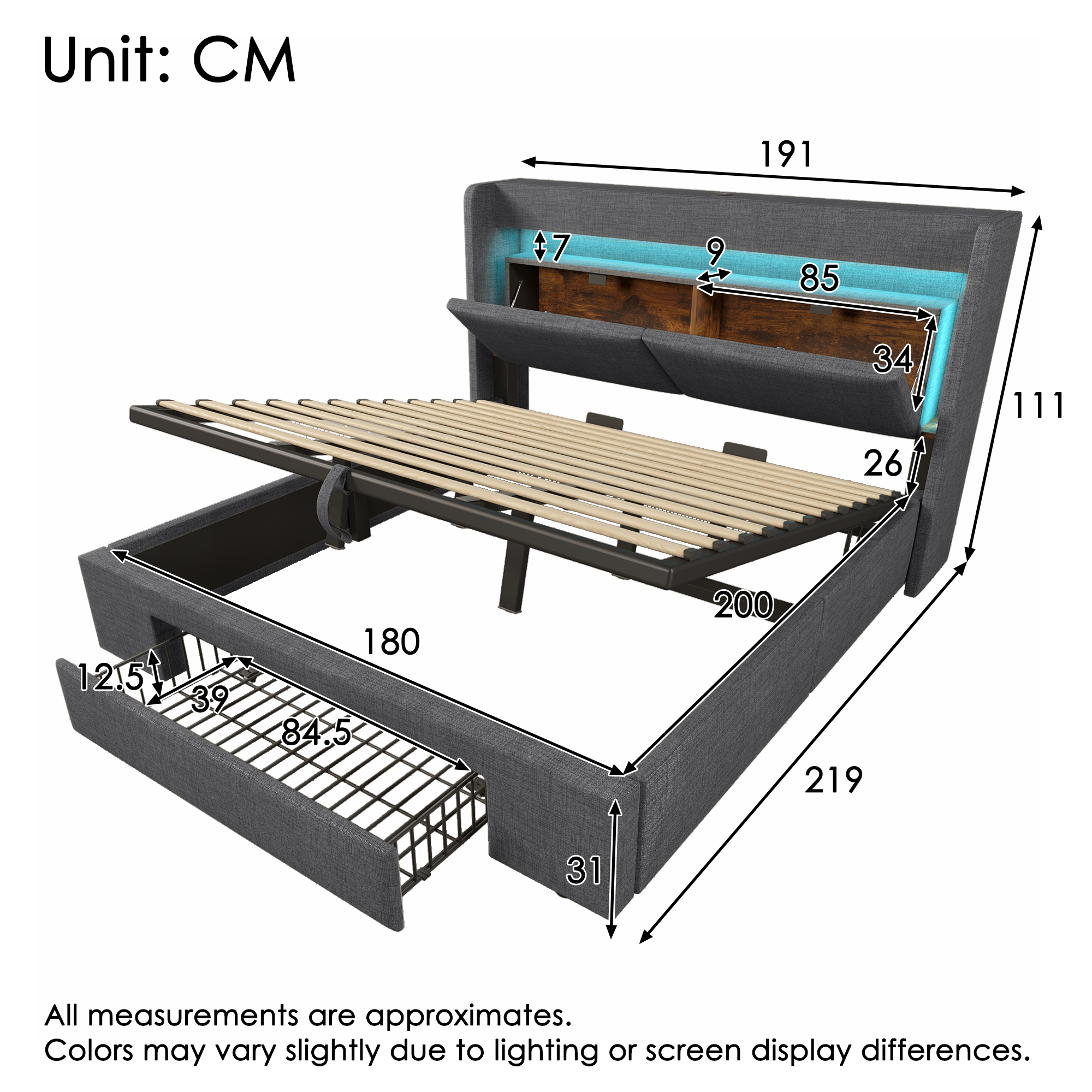 Lit rembourré double 180 x 200 cm, tête avec rangement, LED, USB et Type-C, coffre hydraulique, lin gris, 219 x 191 x 111 cm