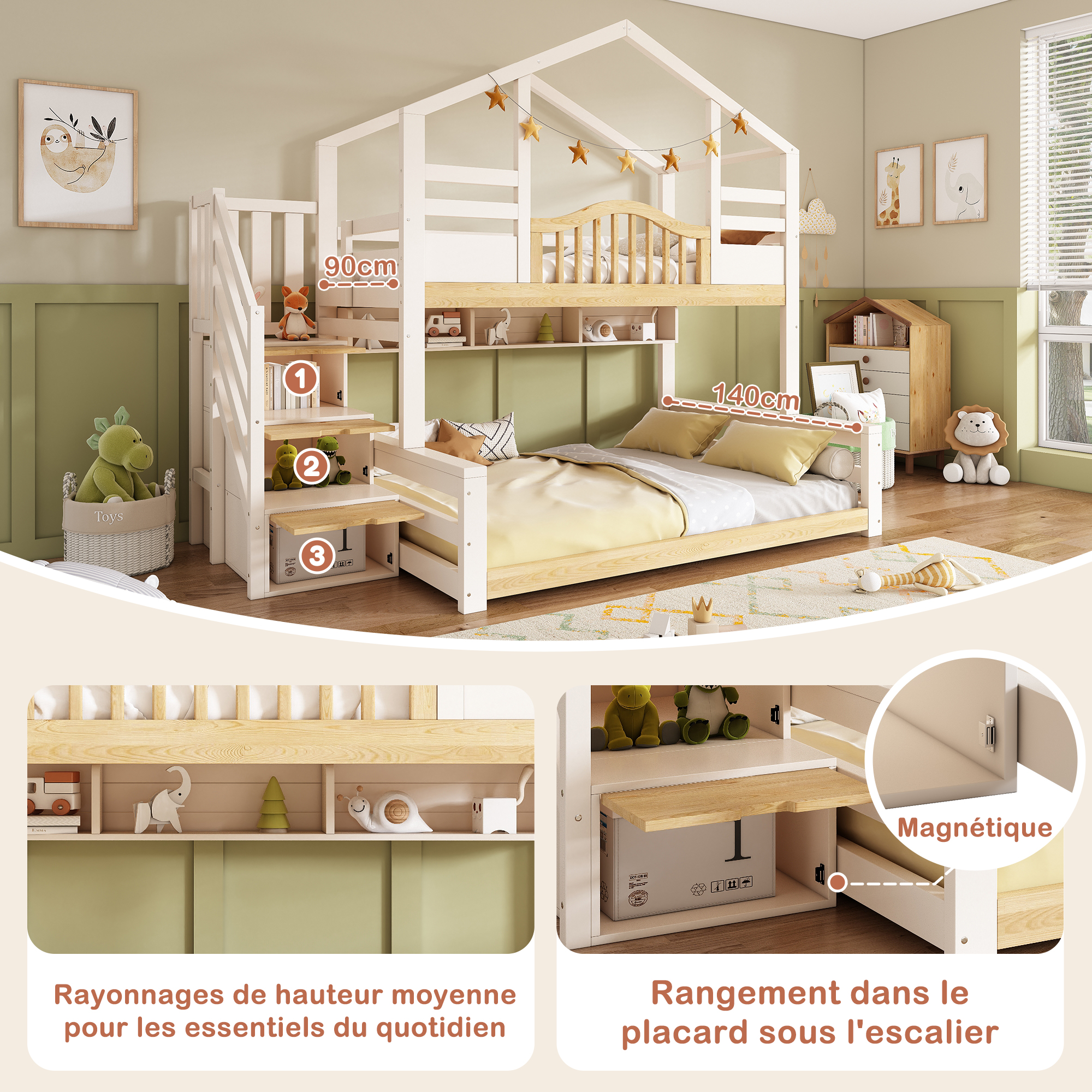 Lit superposé avec éclairage LED, port USB / Type-C, rangements intégrés, blanc et bois - spécifications 1