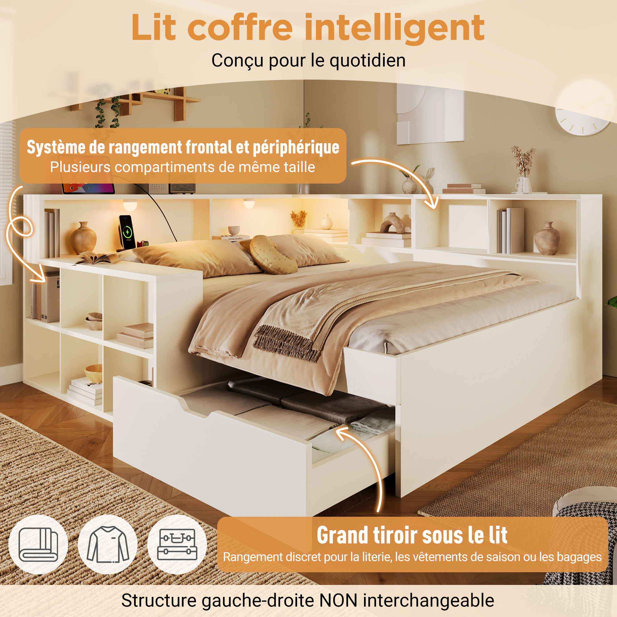 Présentation de Lit banquette en bois 90 x 200 cm avec tiroirs, ports USB-C, lampe de lecture et rangements, Blanc, sans matelas