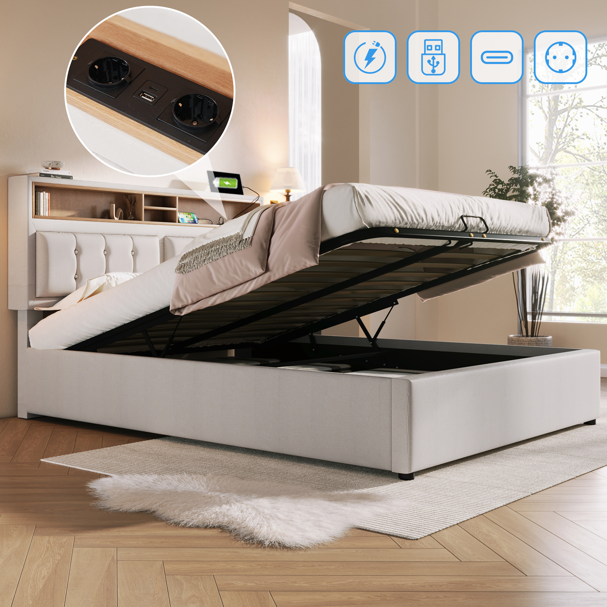 Polsterbett Doppelbett mit USB C Steckdose Ladefun
