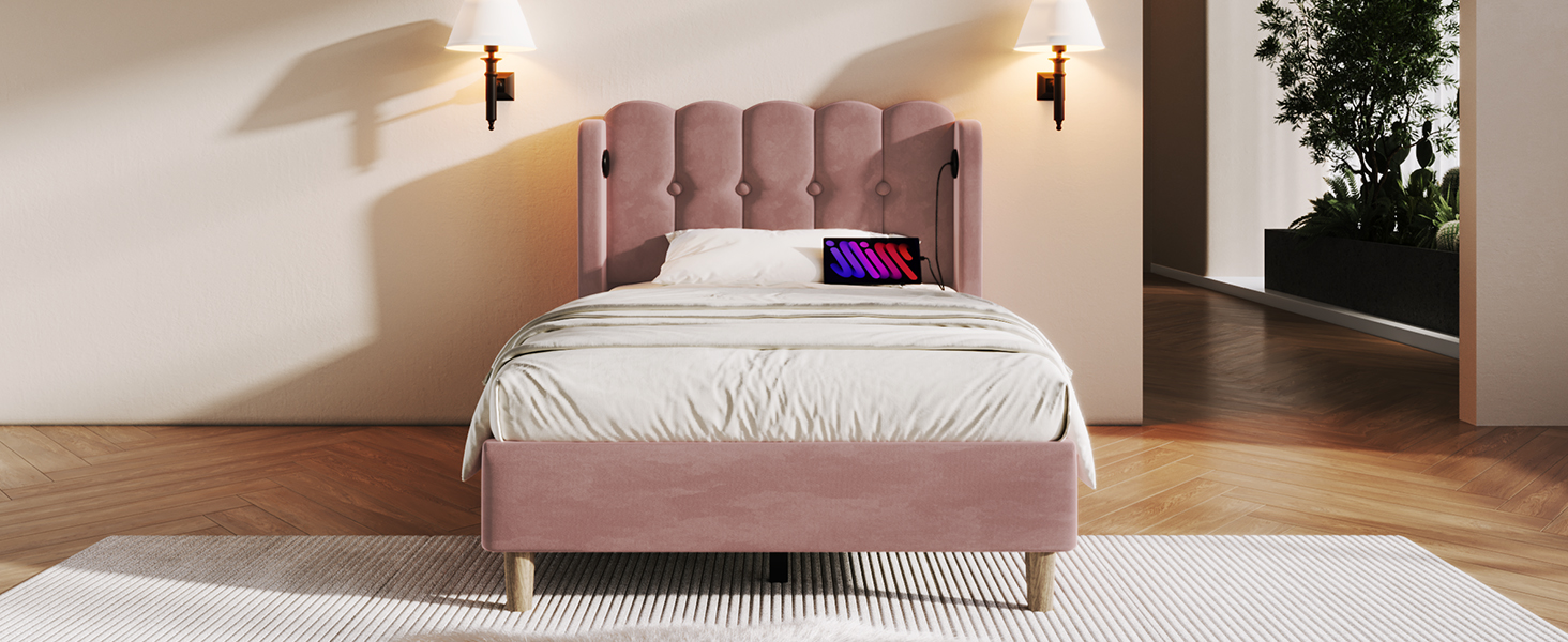 Matelas 406 ressorts + 2 mousses certifiée Oeko-Tex, lit avec tête de lit design panneau en velours rose, style rustique chaleureux, pour chambre, sommeil confortable, couleur rose clair, design élégant - image 15