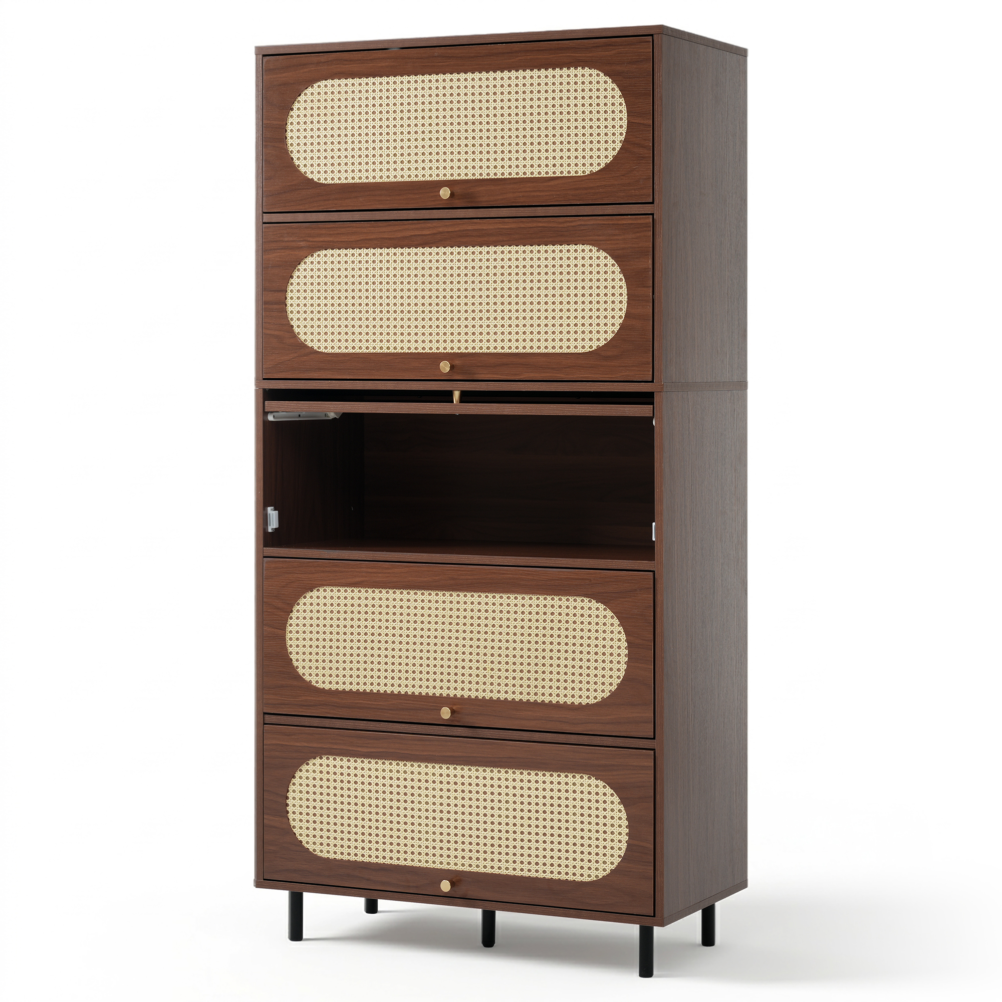 Buffet haut 80 cm, meuble de rangement avec 5 abattants, étagères réglables, panneaux de particules, MDF et métal, Effet noyer
