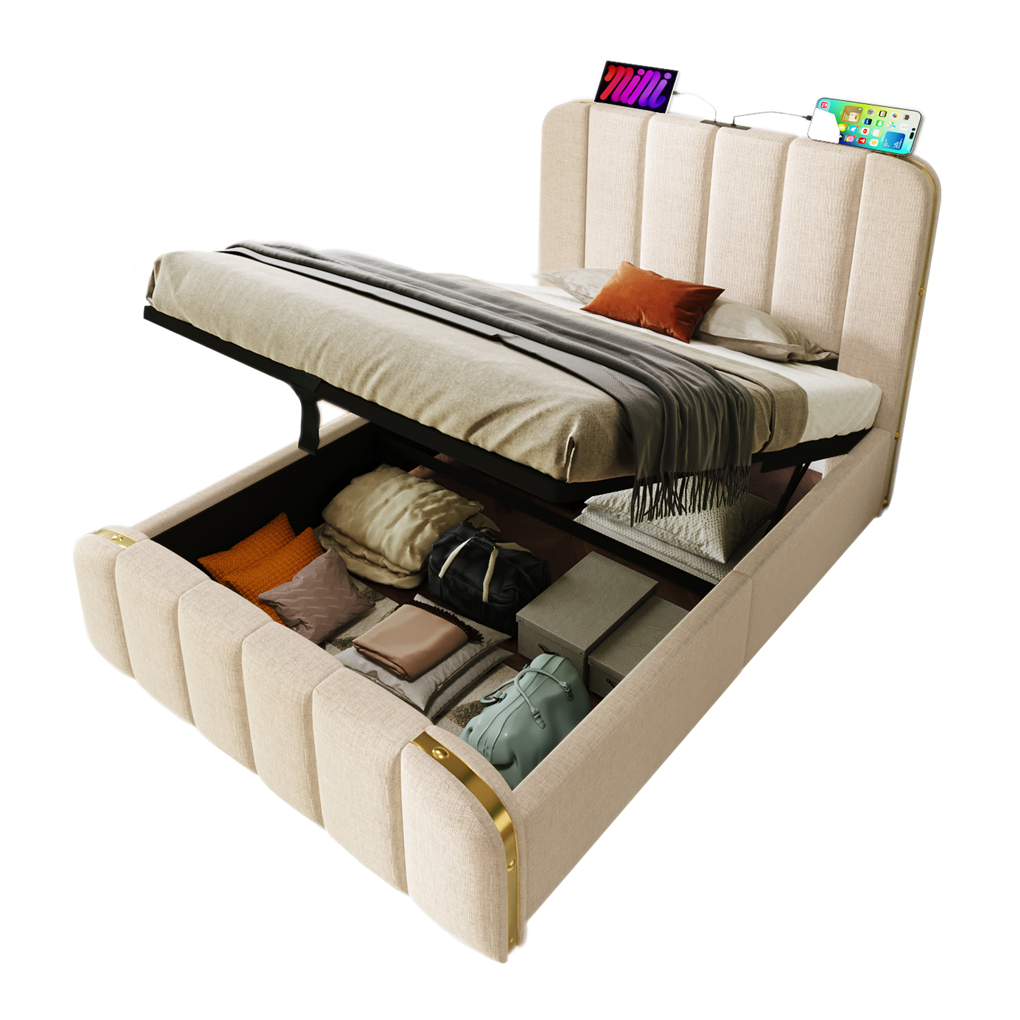Lit rembourré, ports USB, tête de lit, 90 x 200 cm, beige - vue 5