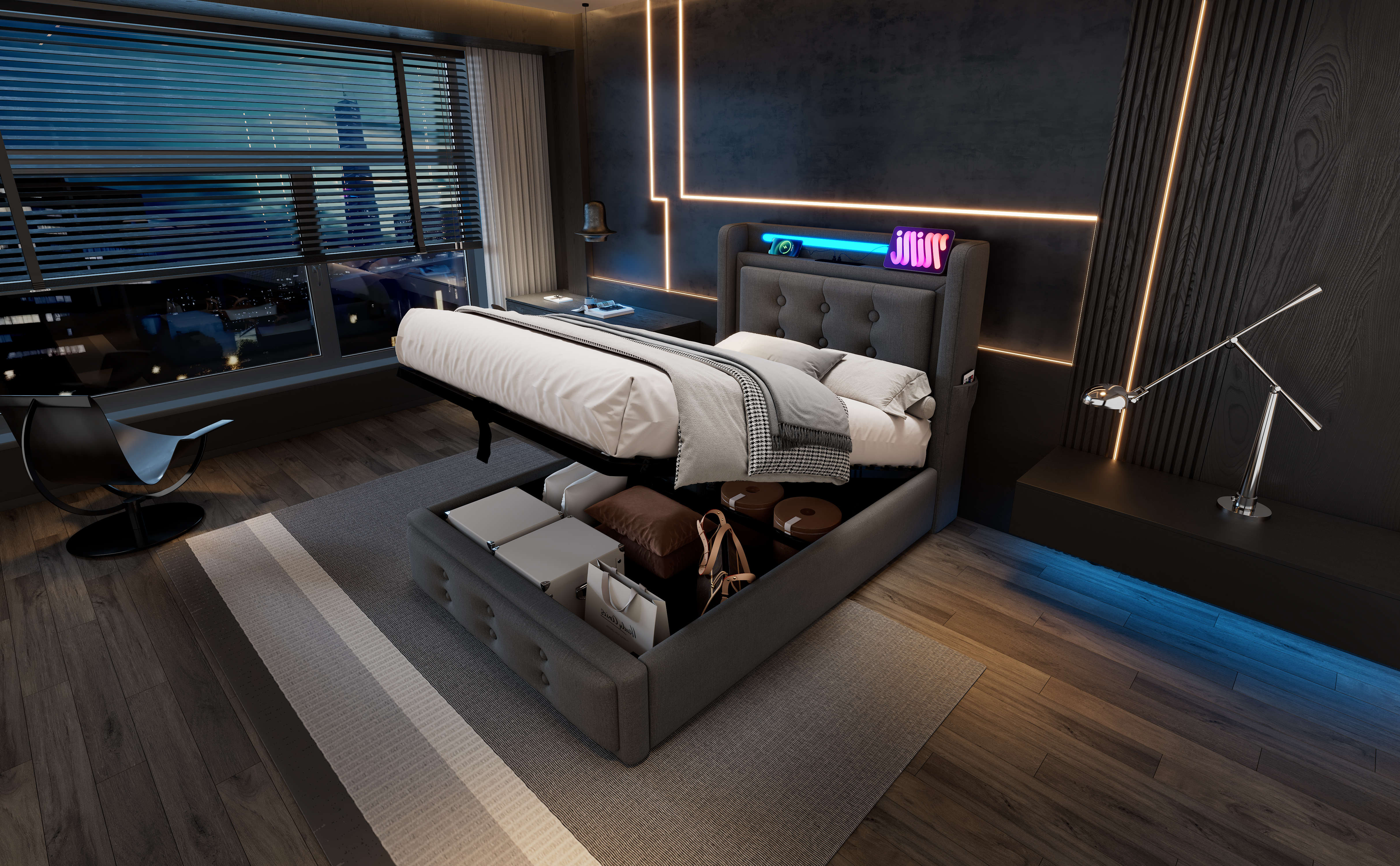 Polsterbett 90x200, Einzelbett mit Led-Kopfteil un