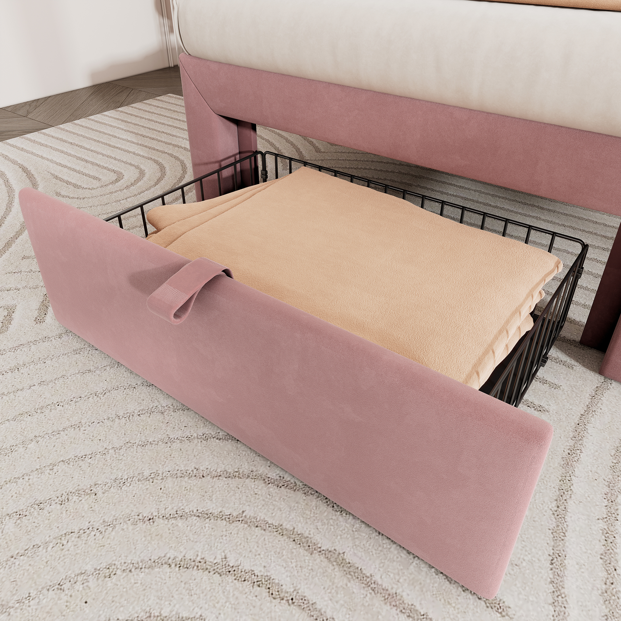 conception de rangement bien pensée : tiroir coulissant optionnel au pied du lit