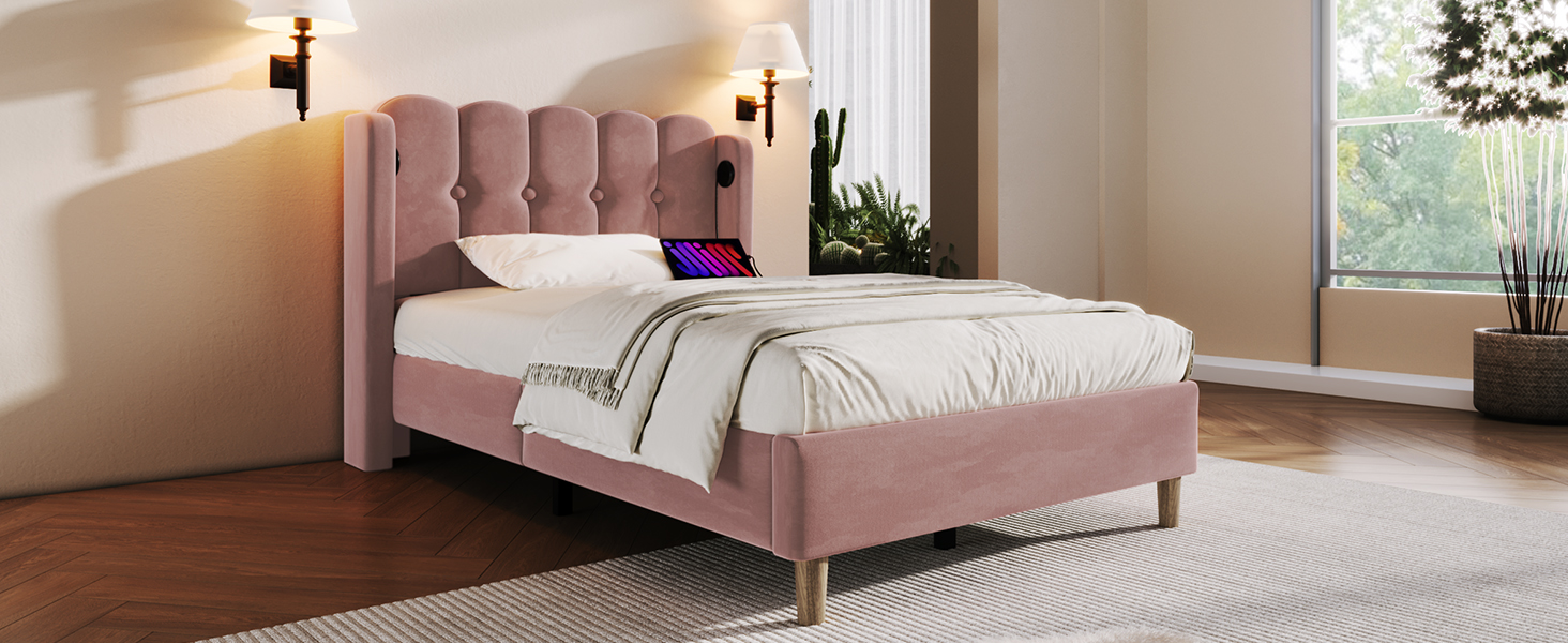 Matelas 406 ressorts + 2 mousses certifiée Oeko-Tex, lit avec tête de lit design panneau en velours rose, style rustique chaleureux, pour chambre, sommeil confortable, couleur rose clair, design élégant - image 17