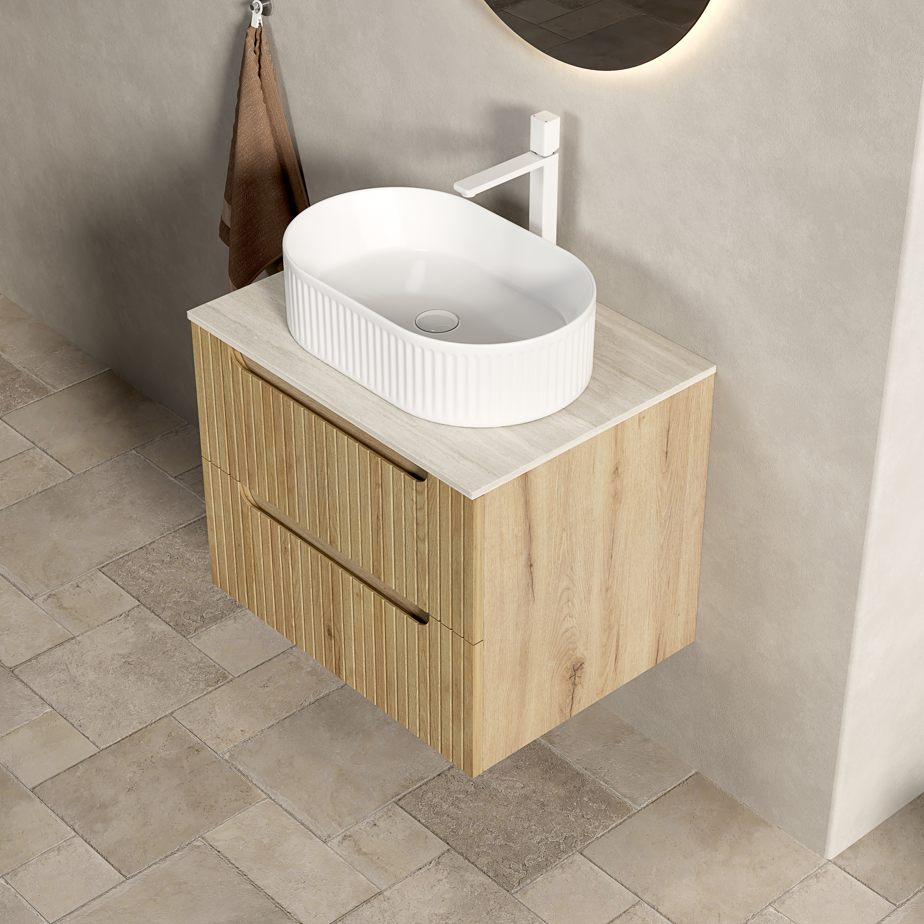 Meuble vasque de salle de bains, avec tiroirs, 60 x 46 x 62,2 cm, pierre frittée et contreplaqué, blanc - vue 6