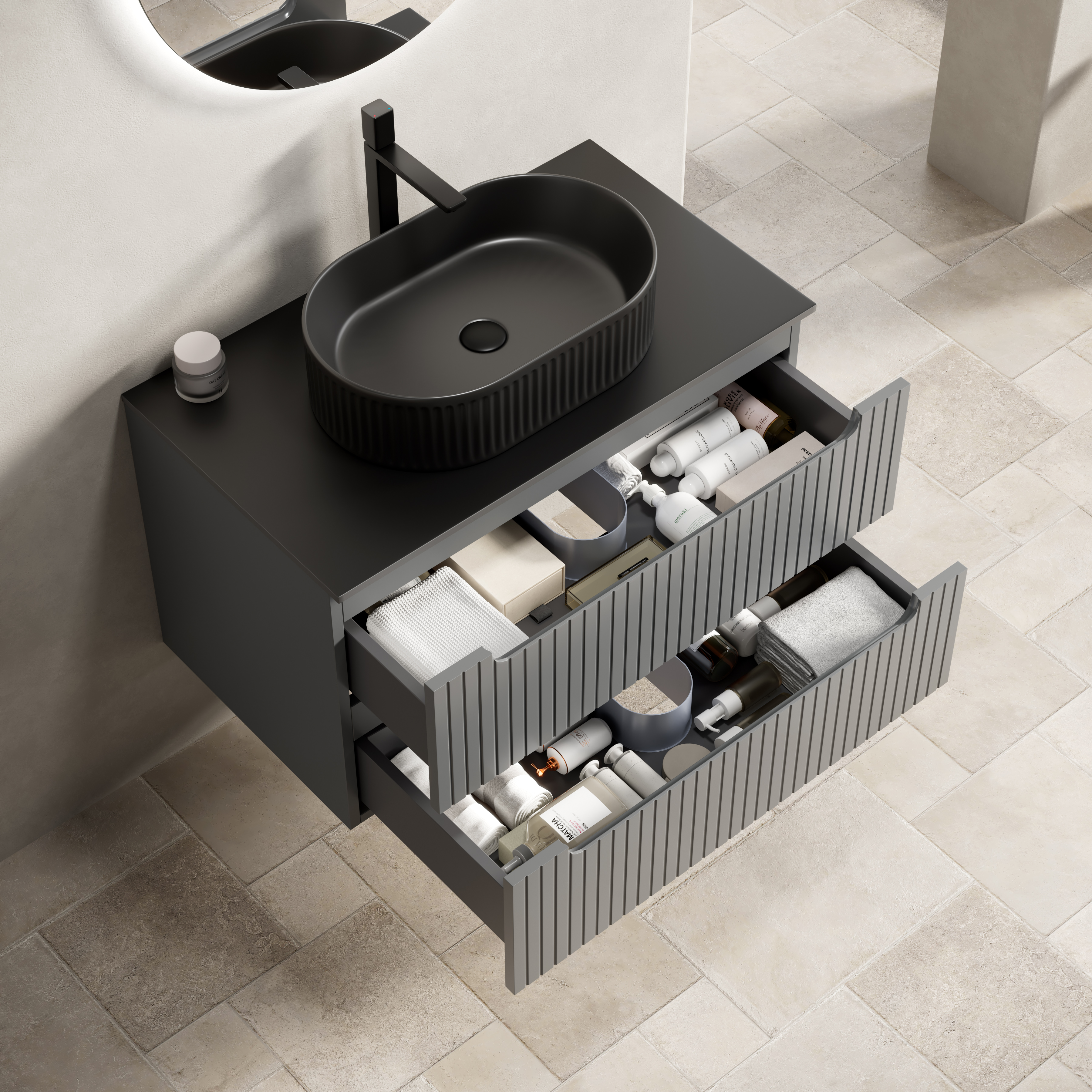 Meuble vasque de salle de bains, avec tiroirs, 80 x 46 x 62,2 cm, pierre frittée et contreplaqué, gris foncé - vue 3