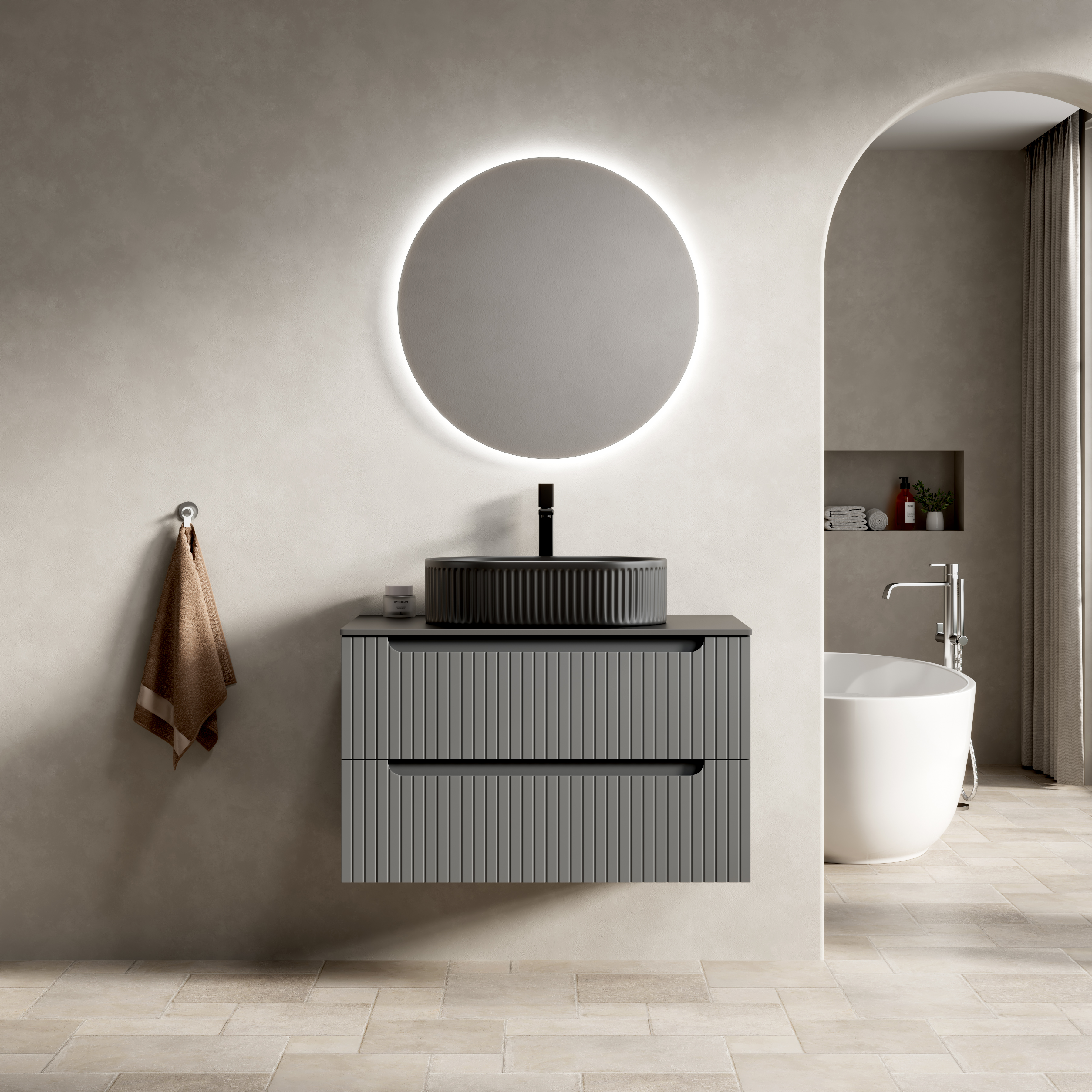 Meuble vasque de salle de bains, avec tiroirs, 80 x 46 x 62,2 cm, pierre frittée et contreplaqué, gris foncé - vue 1