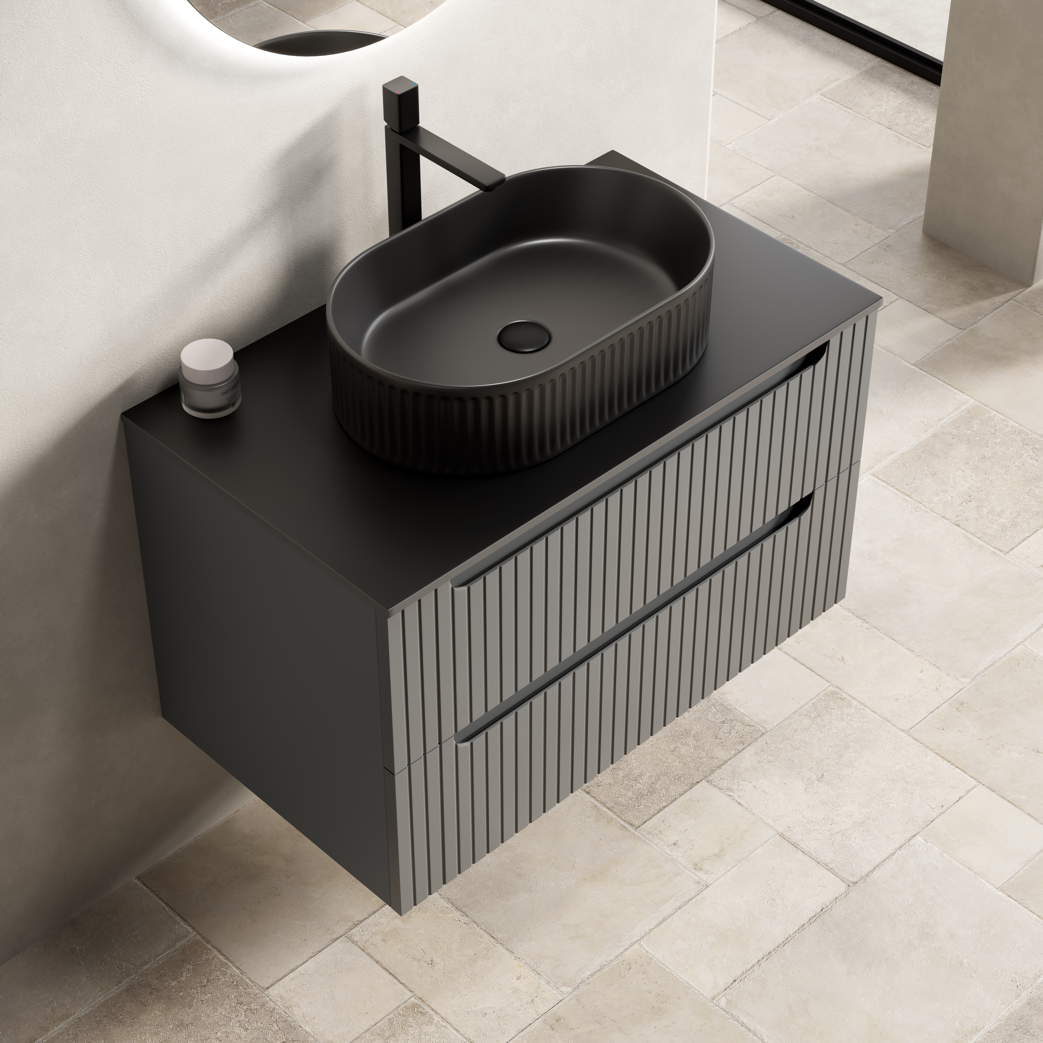 Meuble vasque de salle de bains, avec tiroirs, 80 x 46 x 62,2 cm, pierre frittée et contreplaqué, gris foncé - vue 2