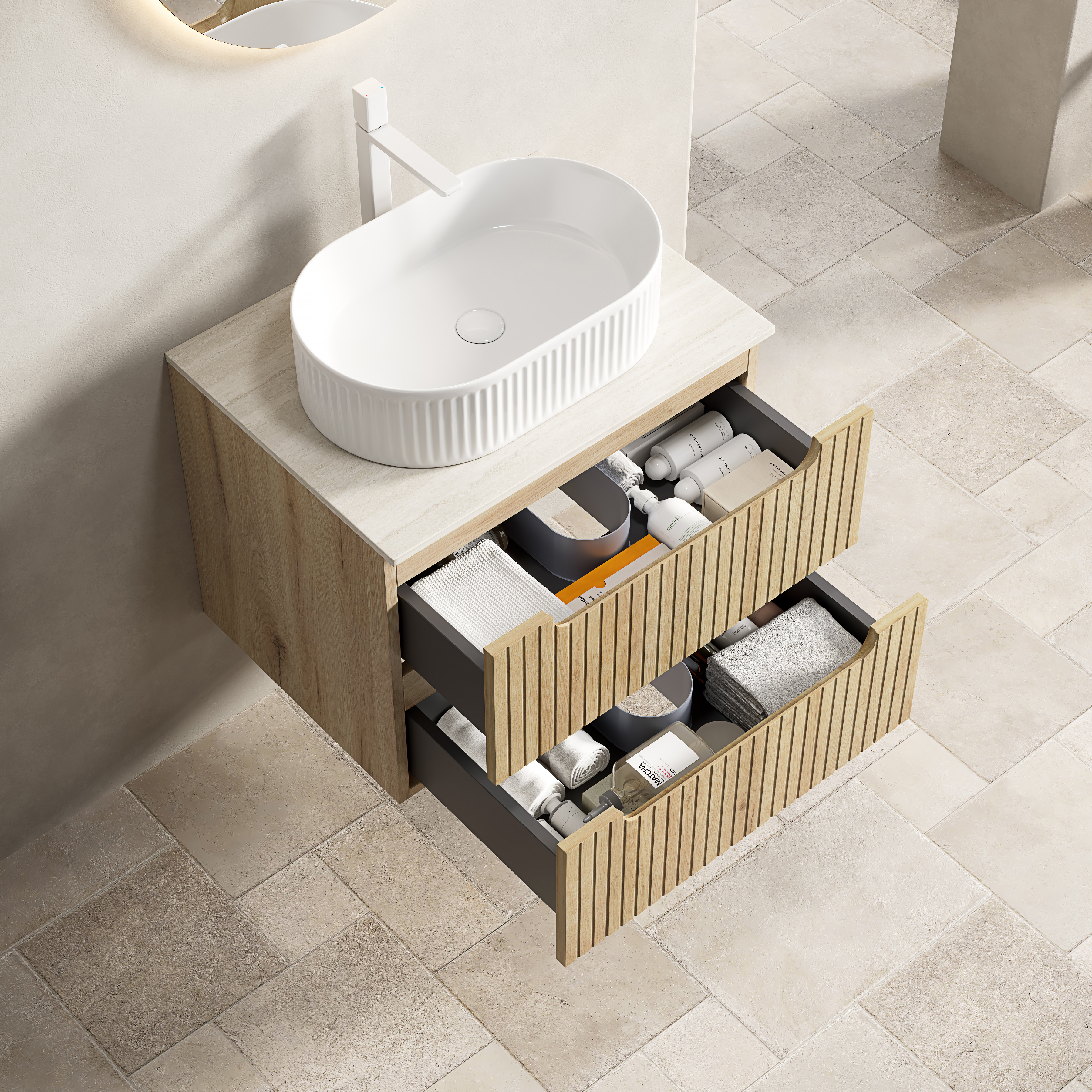 Meuble vasque de salle de bains, avec tiroirs, 60 x 46 x 62,2 cm, pierre frittée et contreplaqué, blanc - vue 3