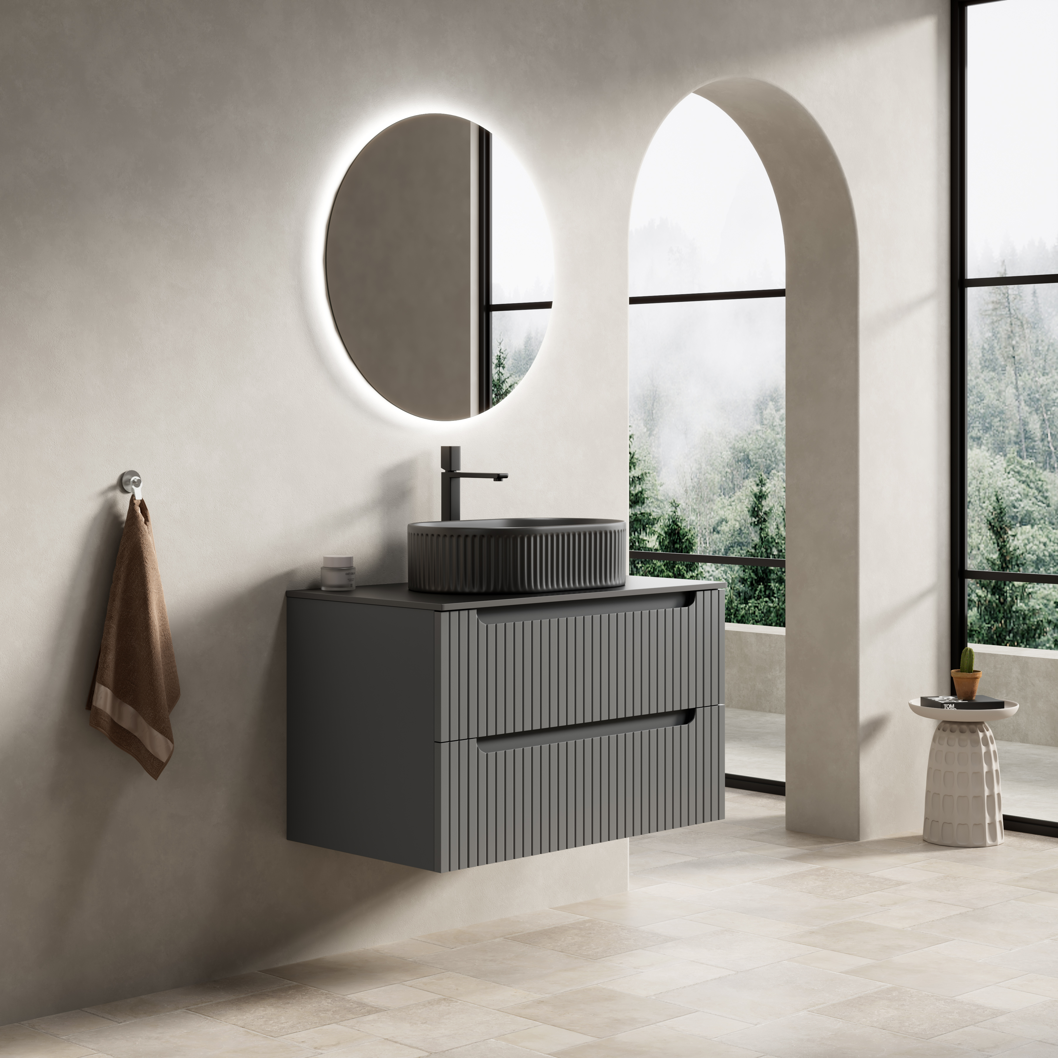 Meuble vasque de salle de bains, avec tiroirs, 80 x 46 x 62,2 cm, pierre frittée et contreplaqué, gris foncé - vue 5