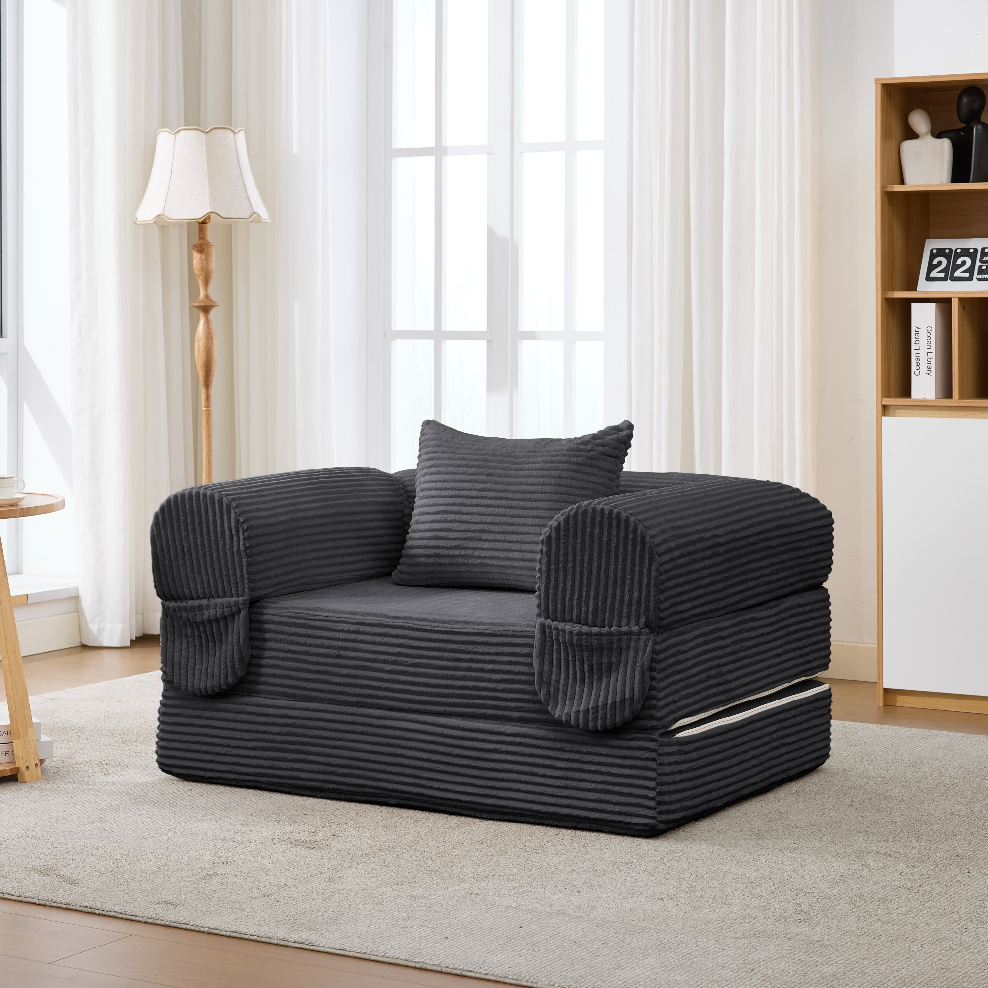 Canapé-lit individuel en cord convertible gris - vue 3