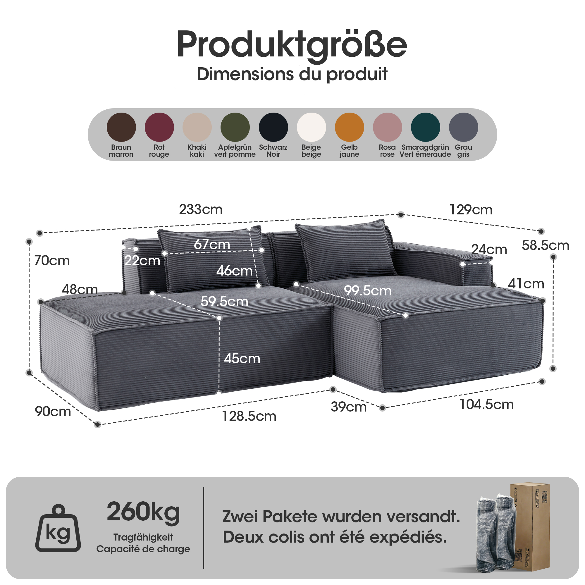 235 cm breites Economy-Textil-Sofa mit zwei Kissen