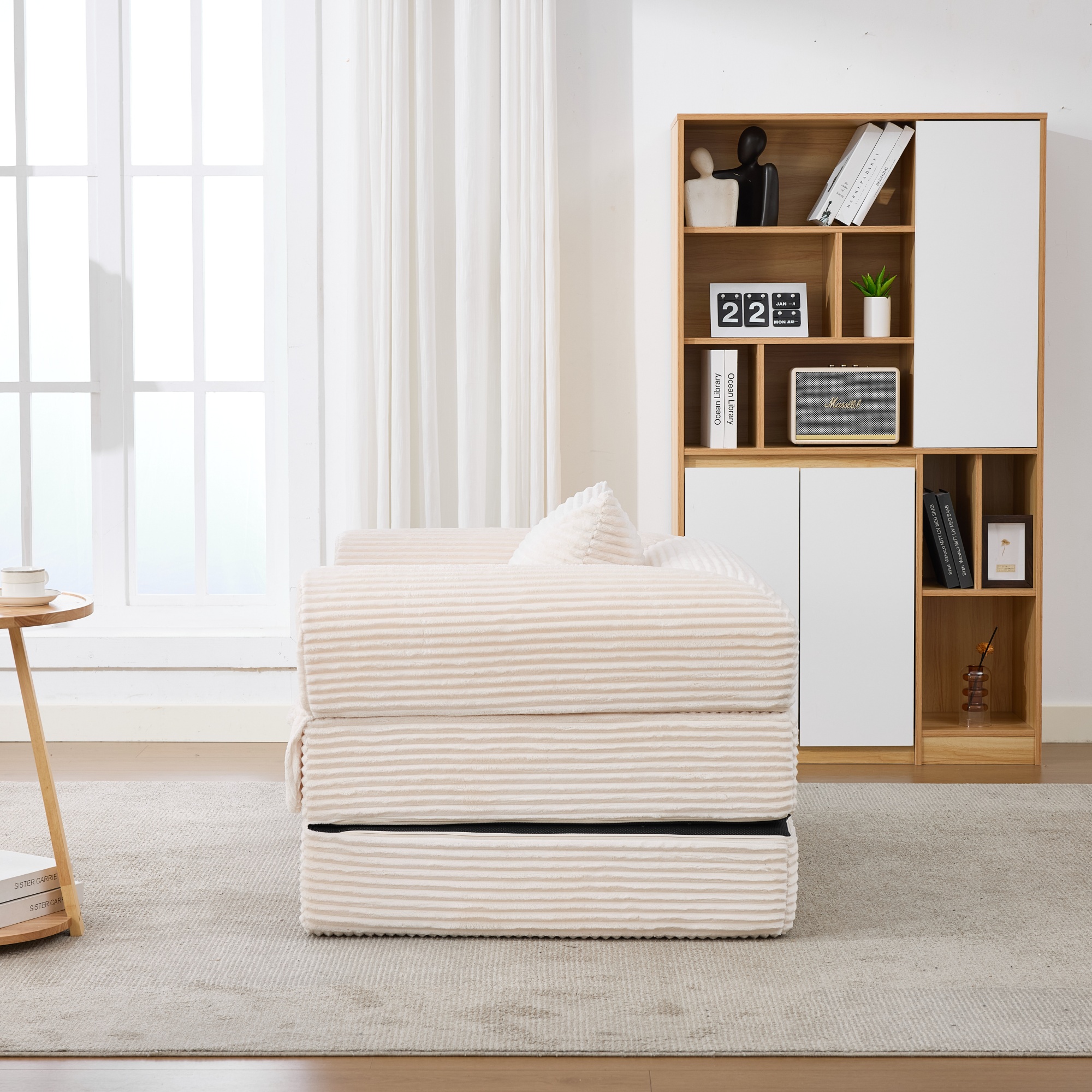 Canapé-lit individuel en cord convertible beige - vue 4