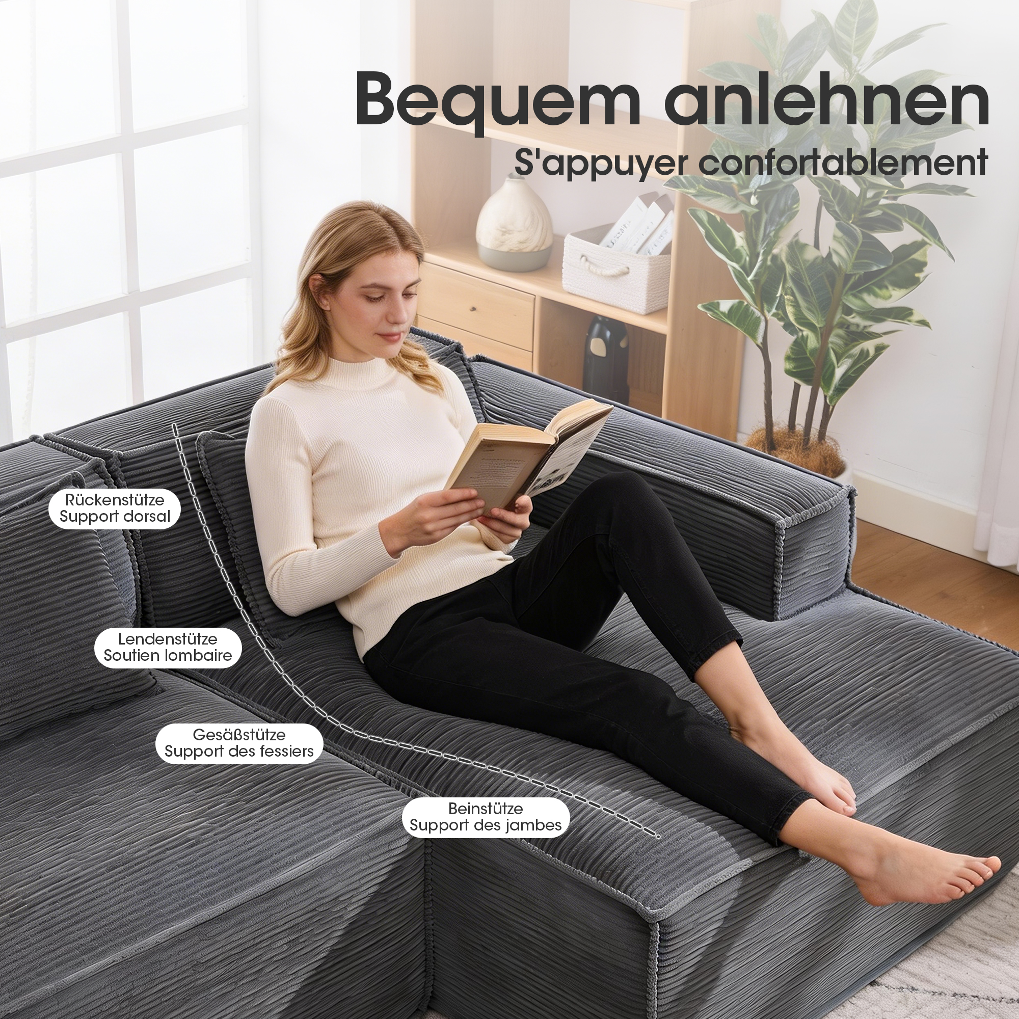 235 cm breites Economy-Textil-Sofa mit zwei Kissen