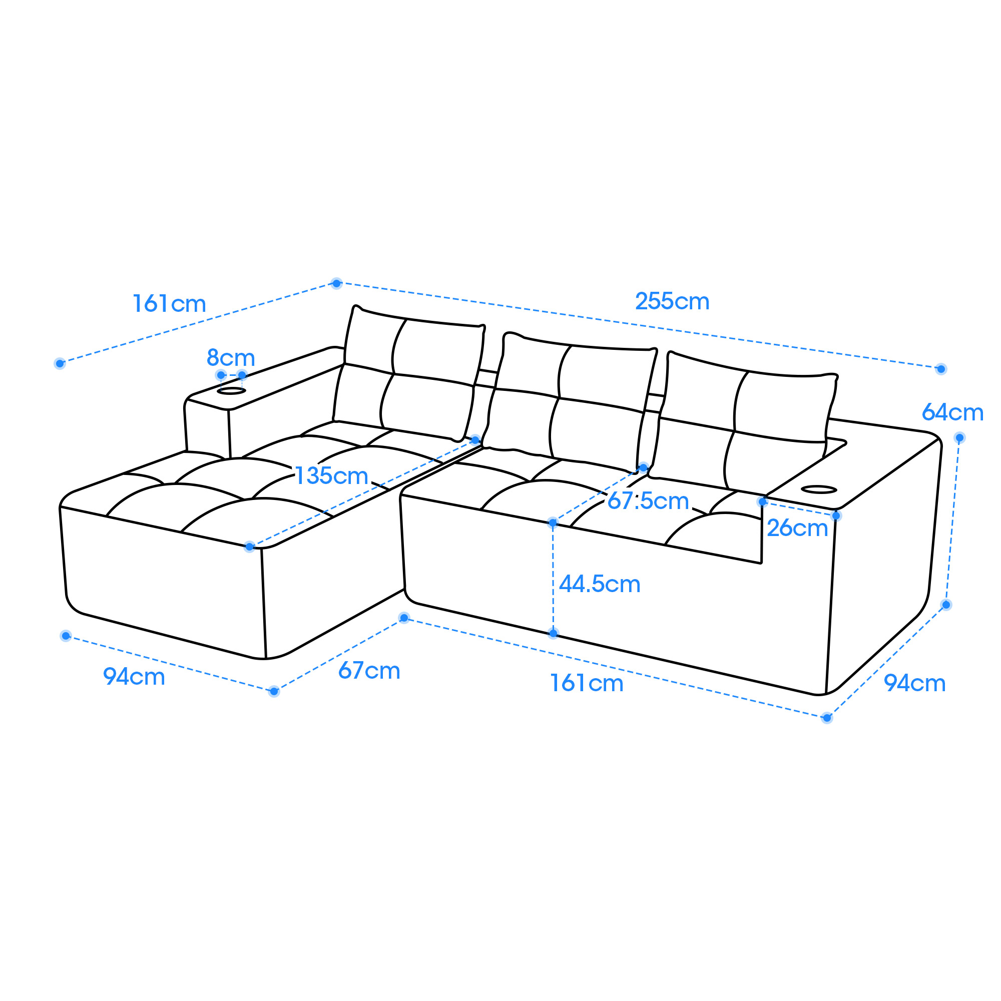 258 cm breites L-Sofa mit drei Kissen (Federkern +