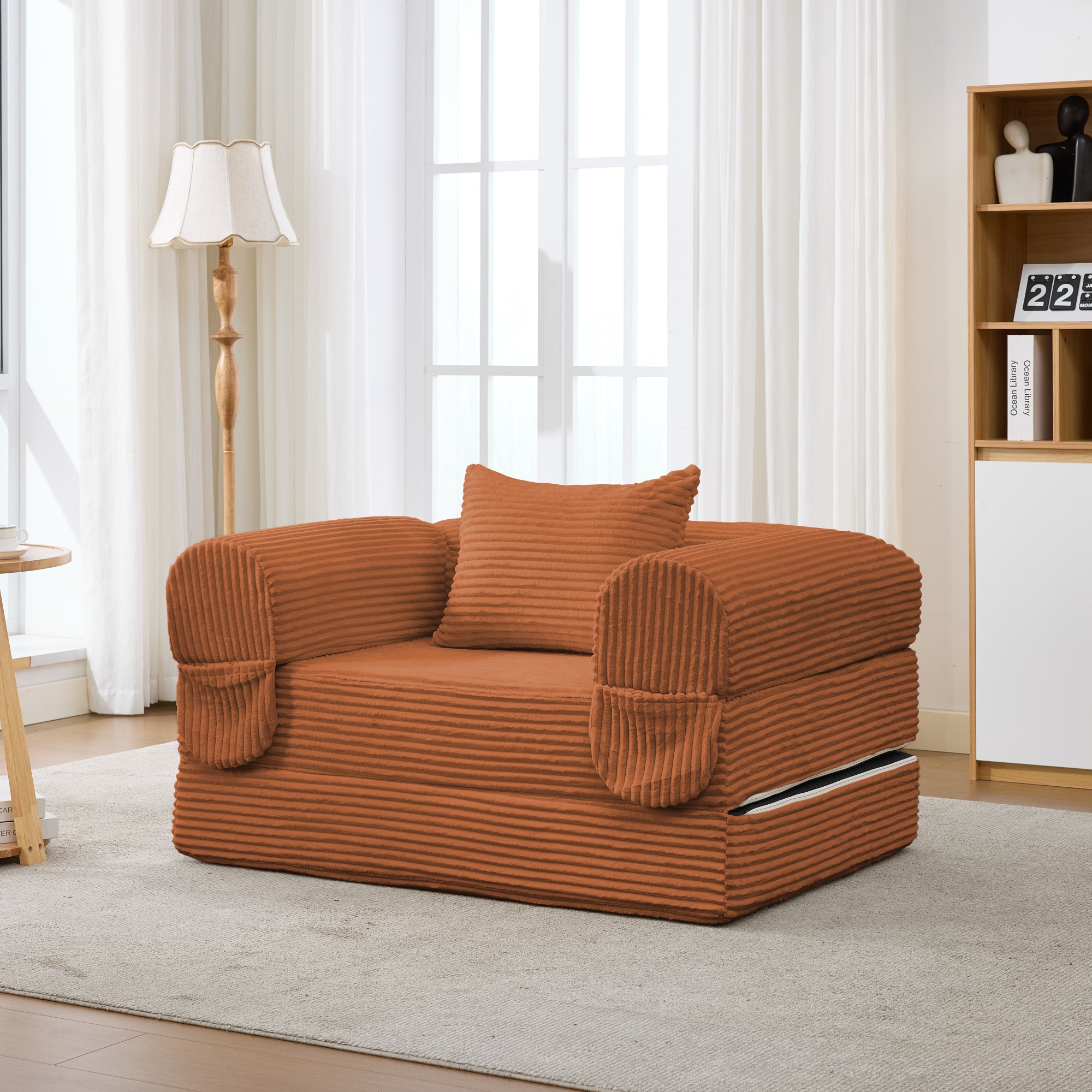 Canapé-lit individuel en cord convertible orange - vue 2