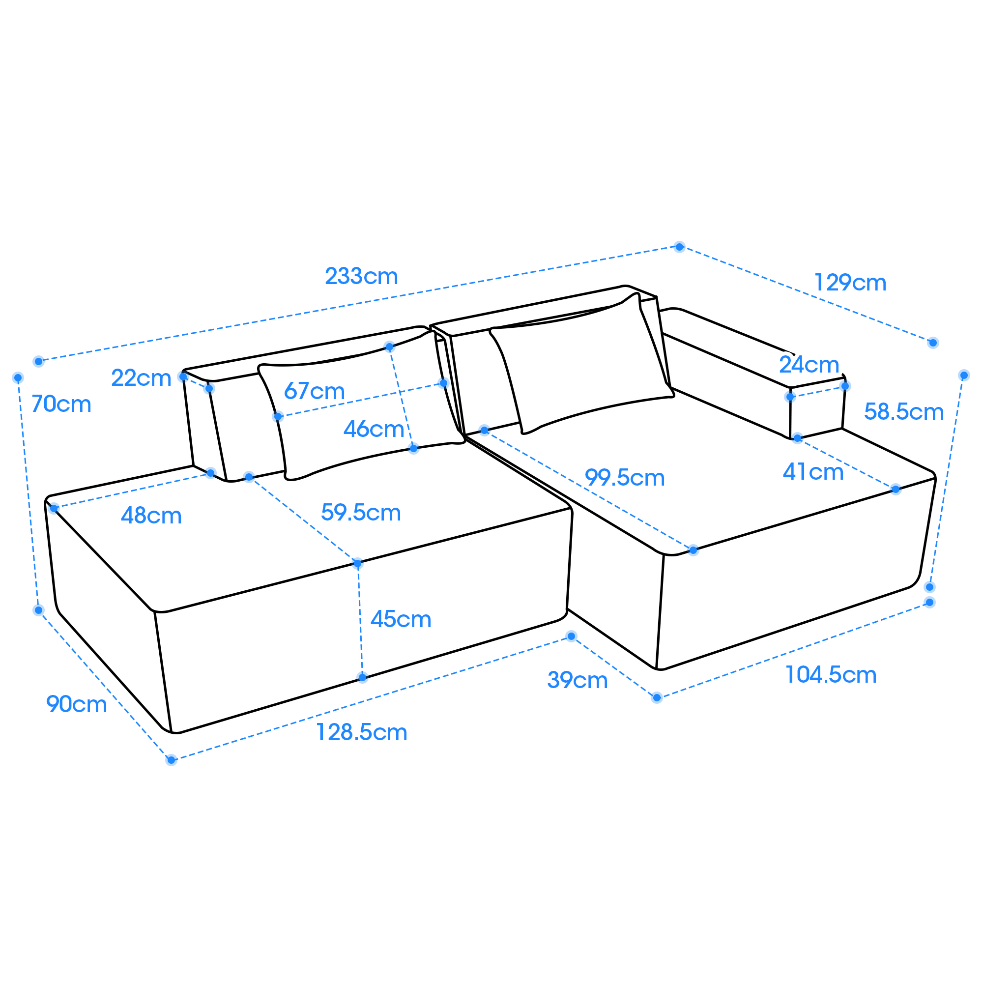 235 cm breites Economy-Textil-Sofa mit zwei Kissen