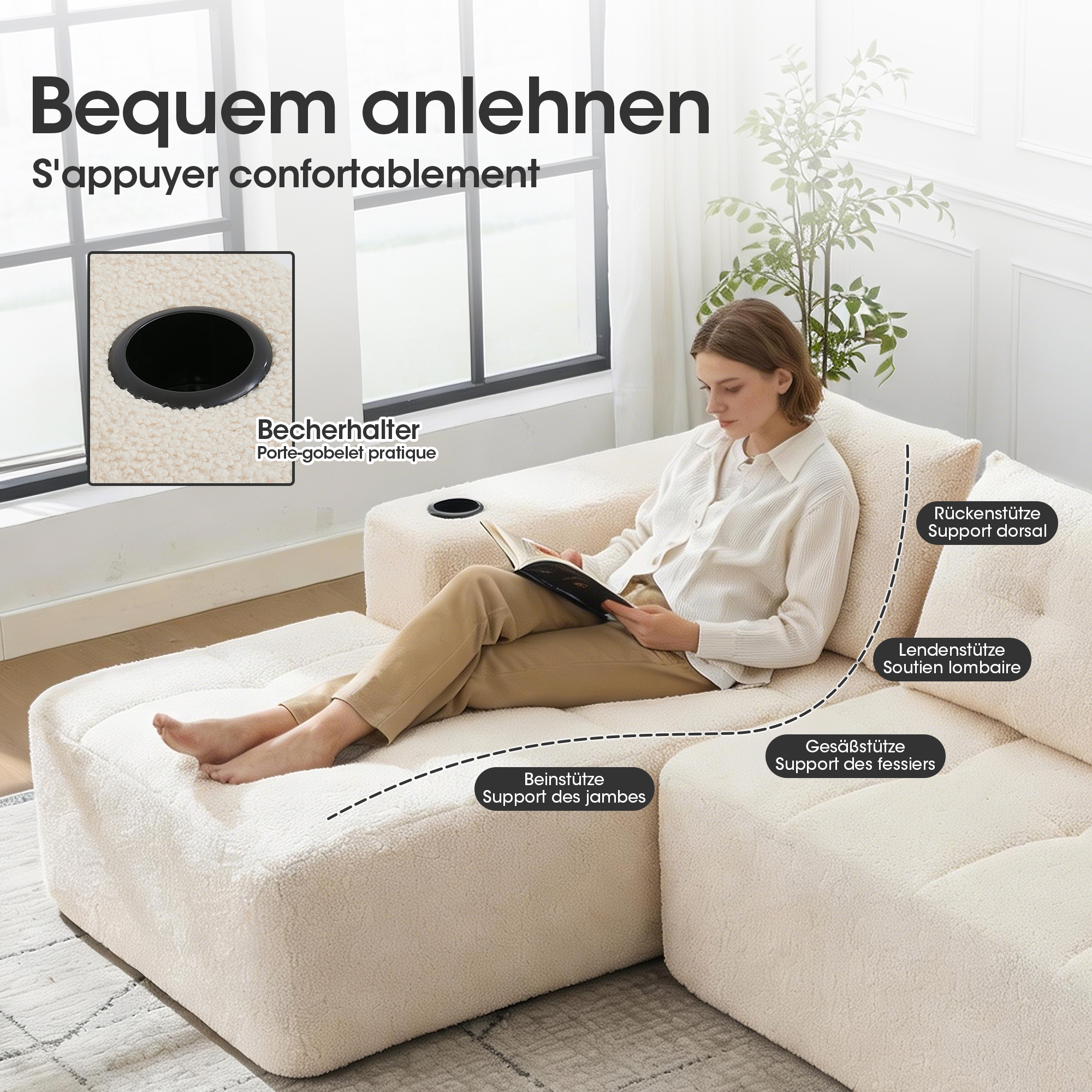 258 cm breites L-Sofa mit drei Kissen (Federkern +