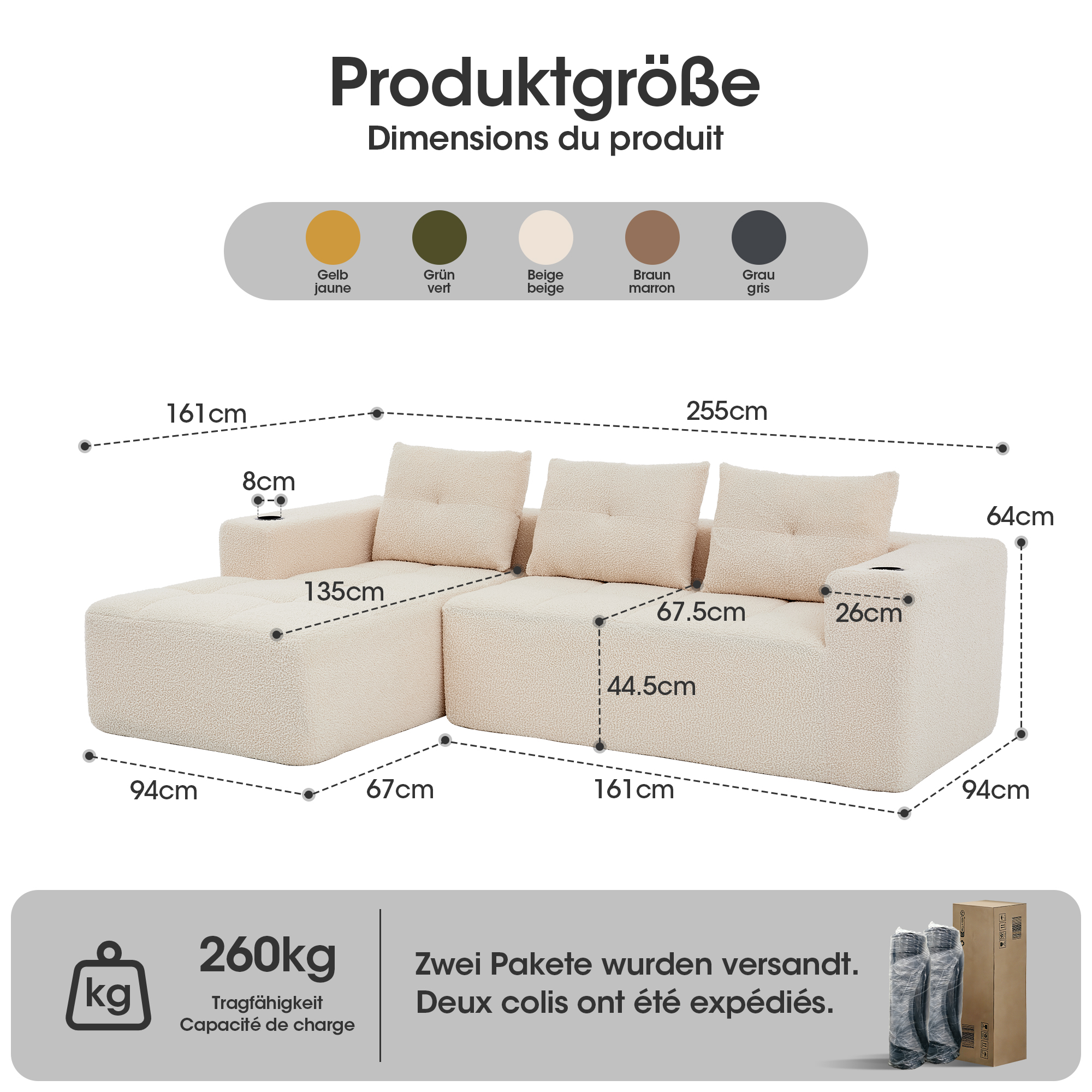 258 cm breites L-Sofa mit drei Kissen (Federkern +