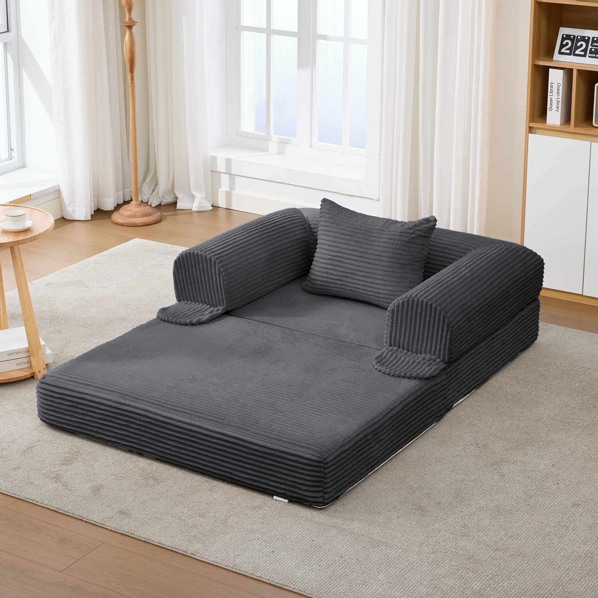 Canapé-lit individuel en cord convertible gris - vue 1