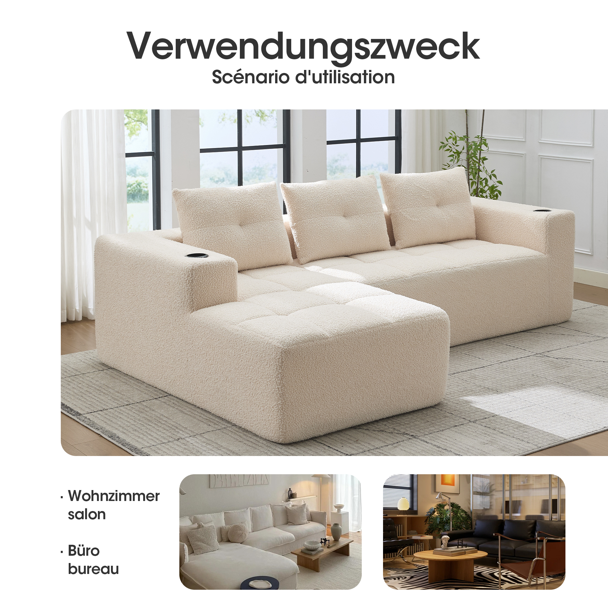258 cm breites L-Sofa mit drei Kissen (Federkern +