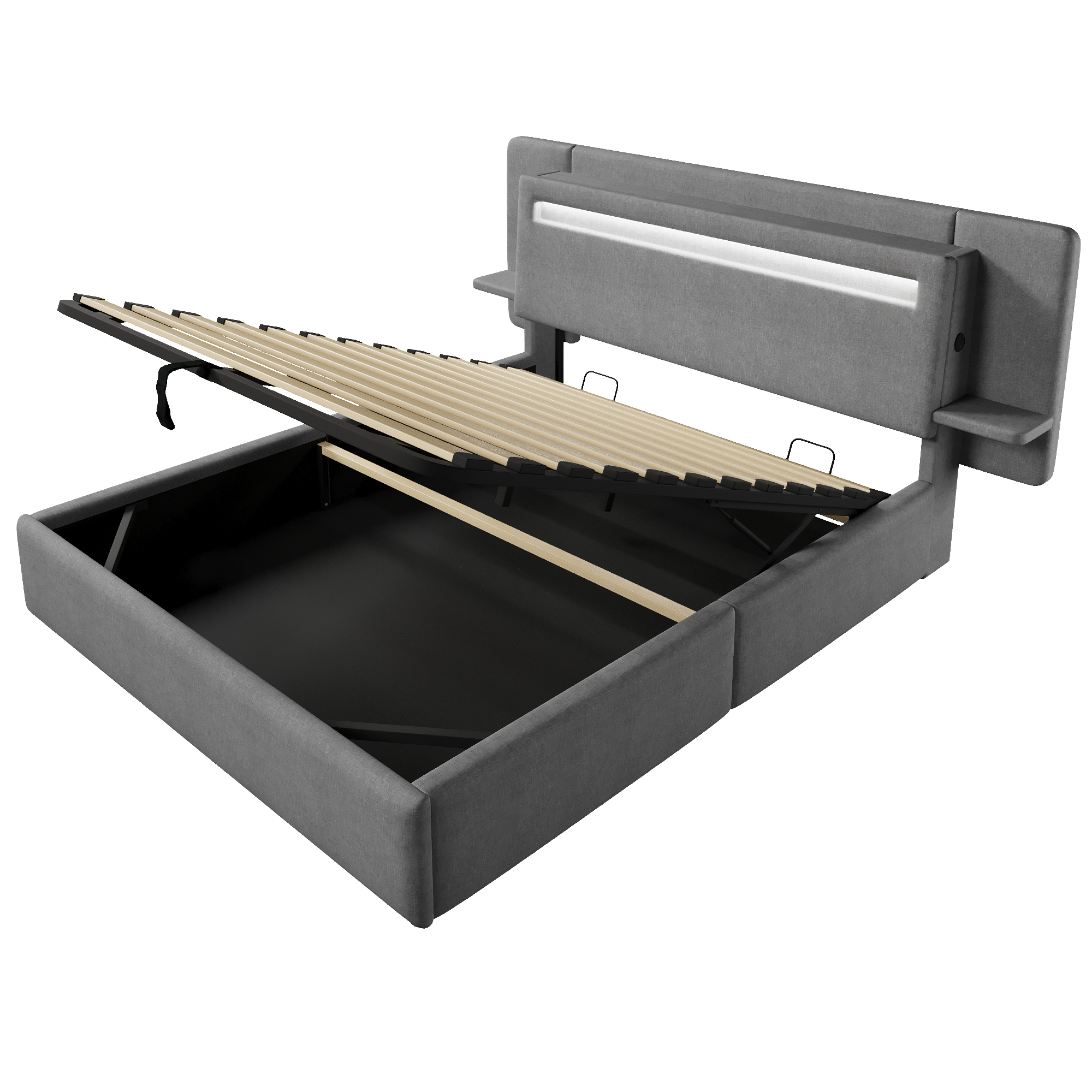 Lit banquette 140x200 cm,en lin,coffre de rangement hydraulique,éclairage LED,port USB,gris,lit 2 places,lit avec coffre de rangement
